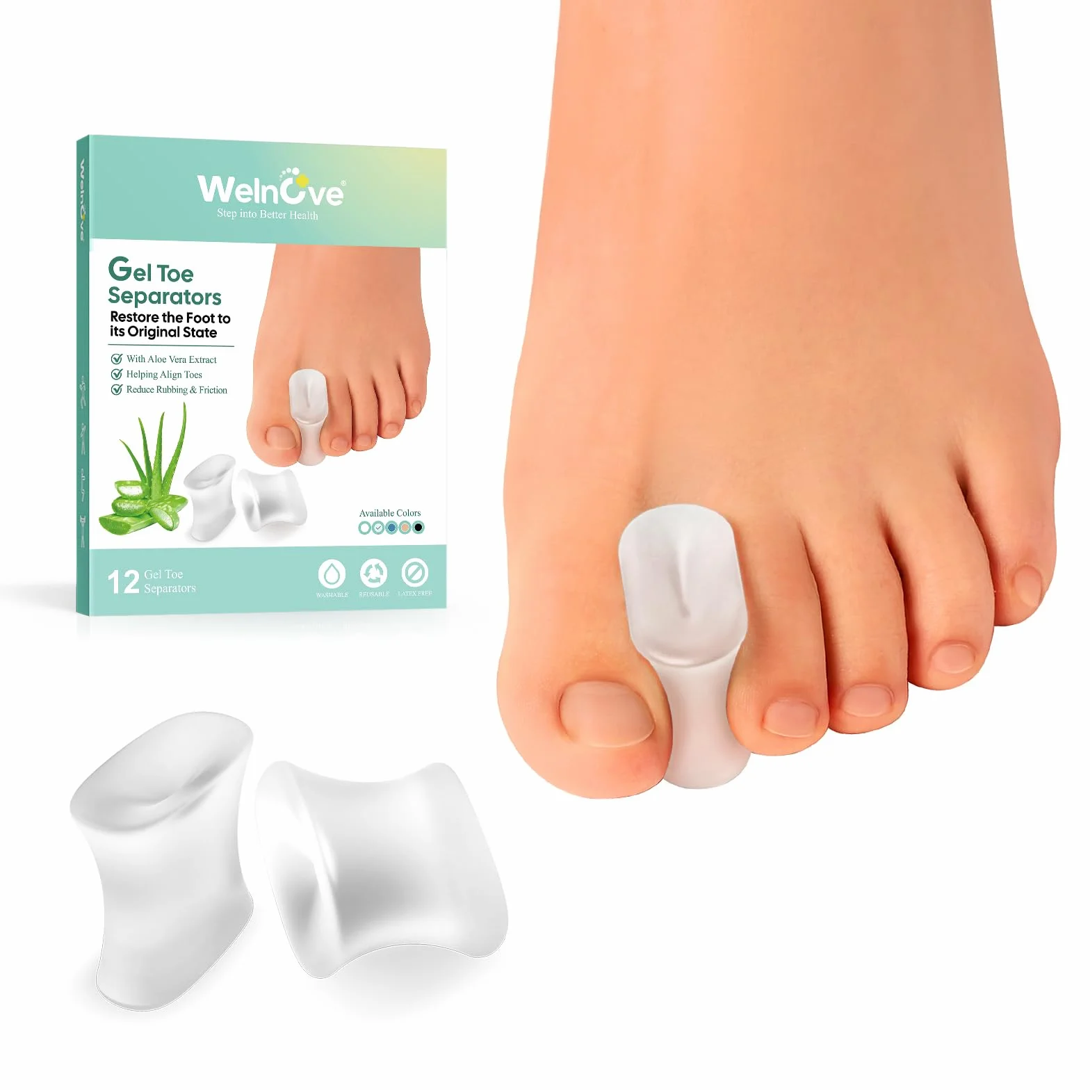 Separadores de dedos de gel Paquete de 12 – Almohadillas para juanetes – Espaciadores transparentes para enderezar dedos superpuestos
