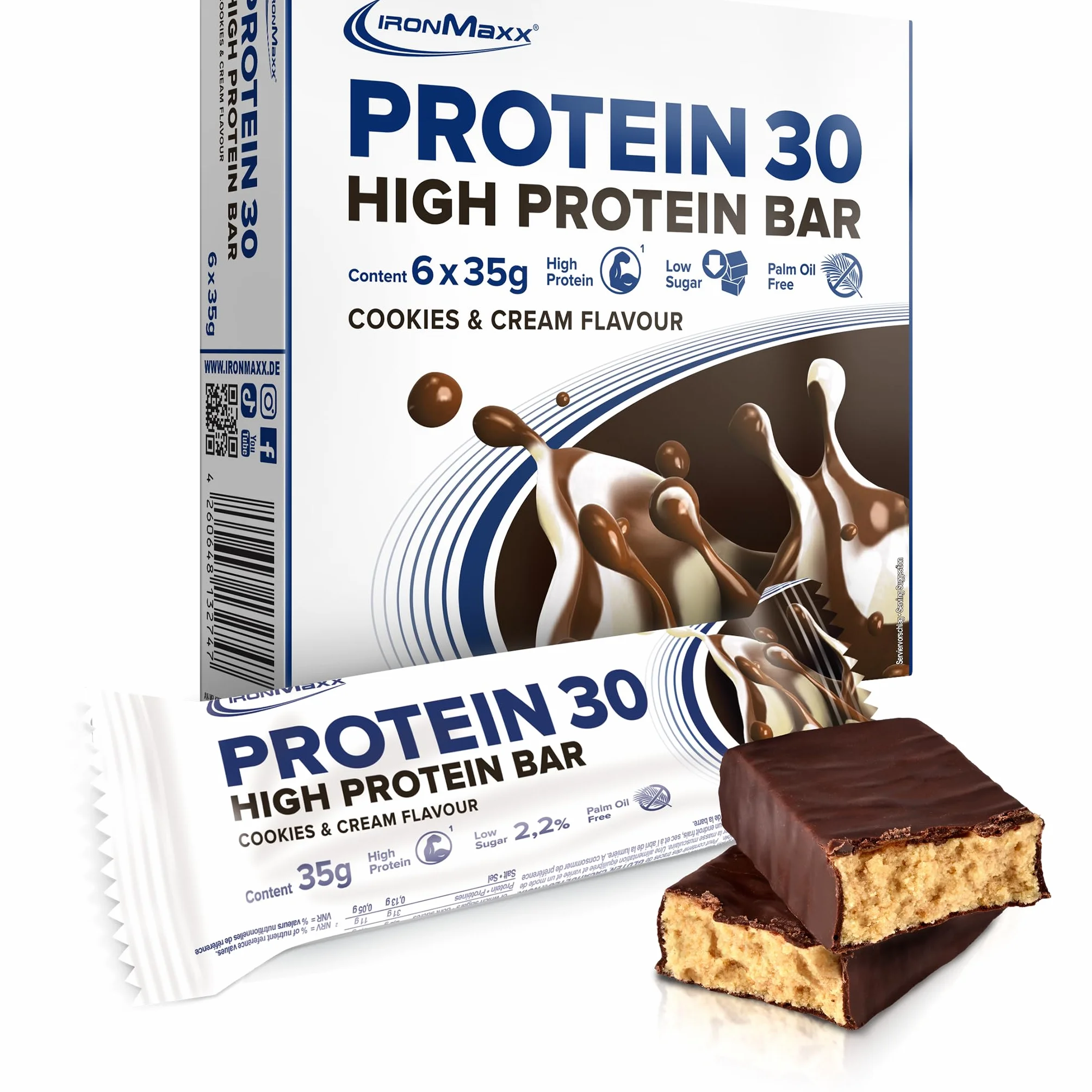 IronMaxx Protein 30 Cookies & Cream 6 x 35 g Barritas Proteicas Alto Contenido en Proteínas Bajo en Azúcar
