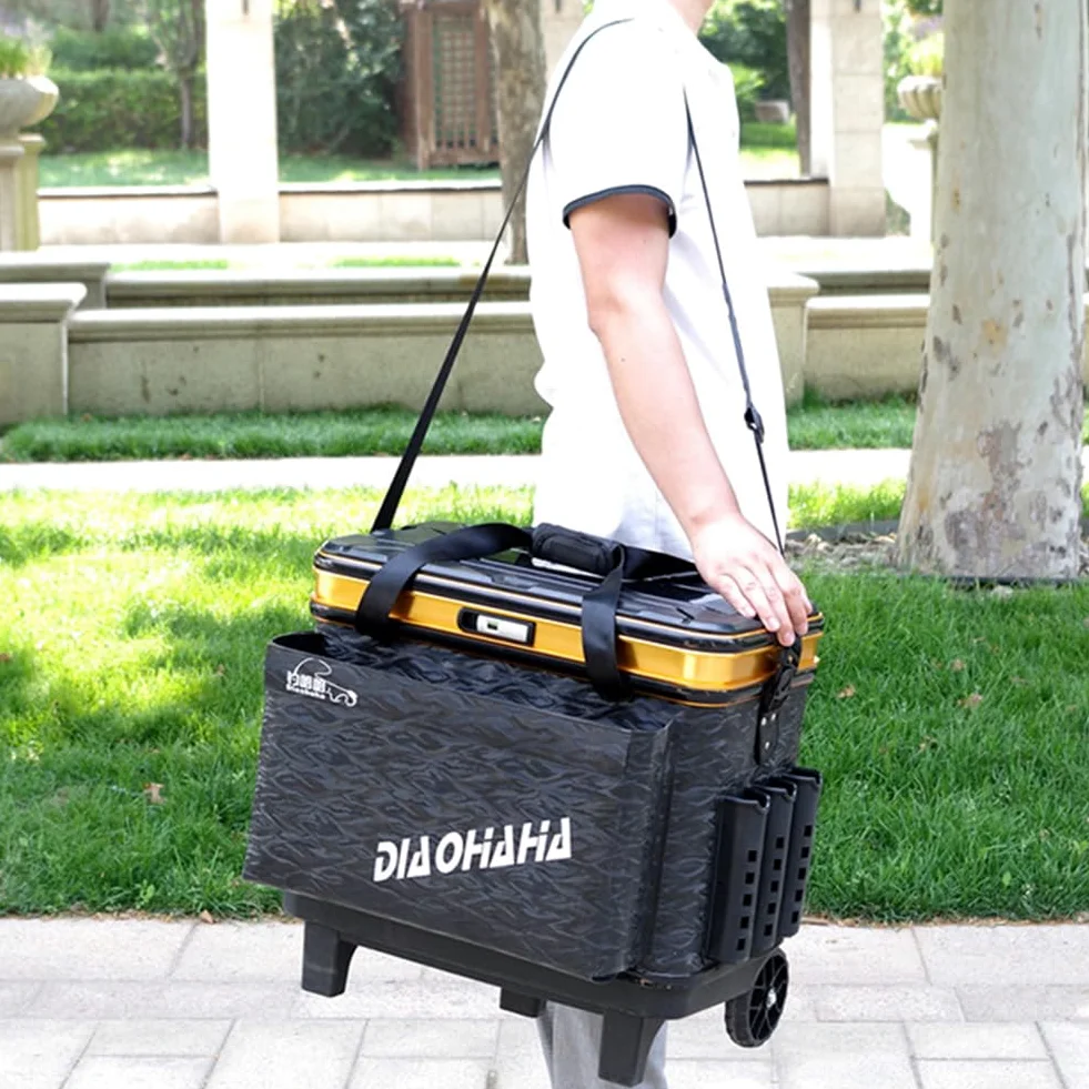 Caja de aparejos de pesca con ruedas, multifuncional, caja de anzuelos de pesca, alta capacidad, ajustable, duradera para artes de pesca