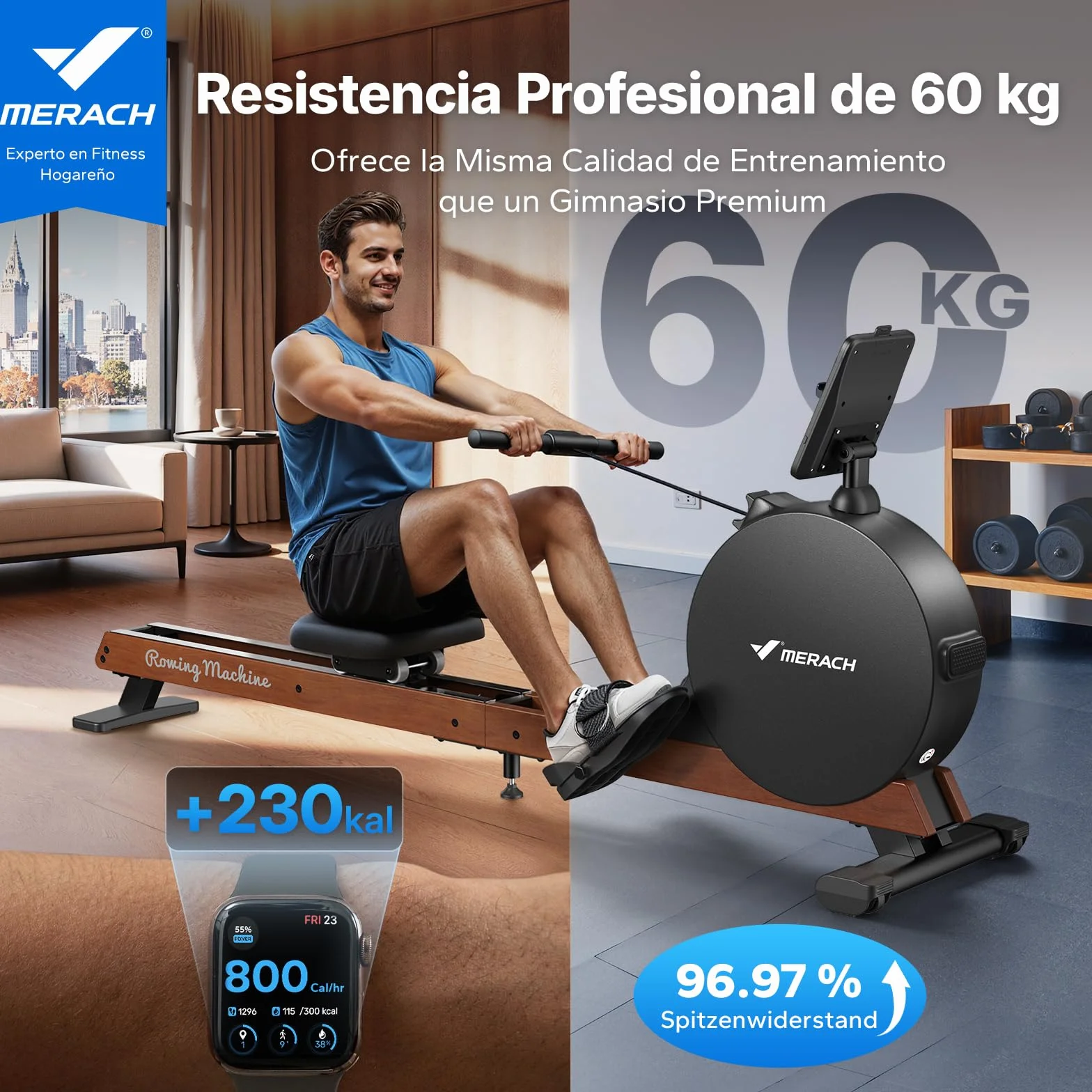 MERACH Máquina de Remo para Casa, Autogeneración, Resistencia Magnética Máxima Mejorada de 60 kg, Ajuste Automático de Resistencia, Rieles Dobles de Madera, Pantalla LED / 21,5" (R7) (LED (Q3))