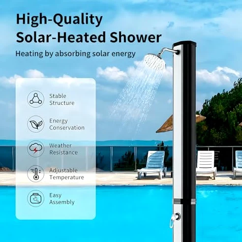Estación de ducha portátil para exteriores, 10 galones, calefacción solar, agua fría y caliente, cabezal de ducha giratorio, ideal para camping, piscina, uso en casa de playa