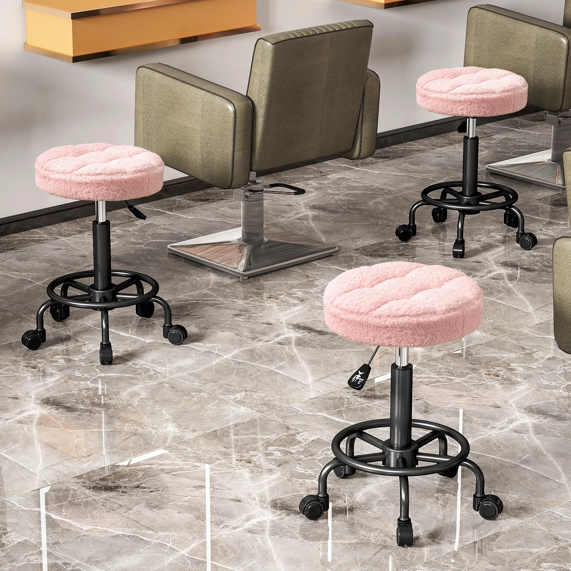 HOMCOM Taburete Giratorio Redondo con Ruedas Altura Regulable 50-66 cm Asiento Tapizado Tejido Borreguito Rosa