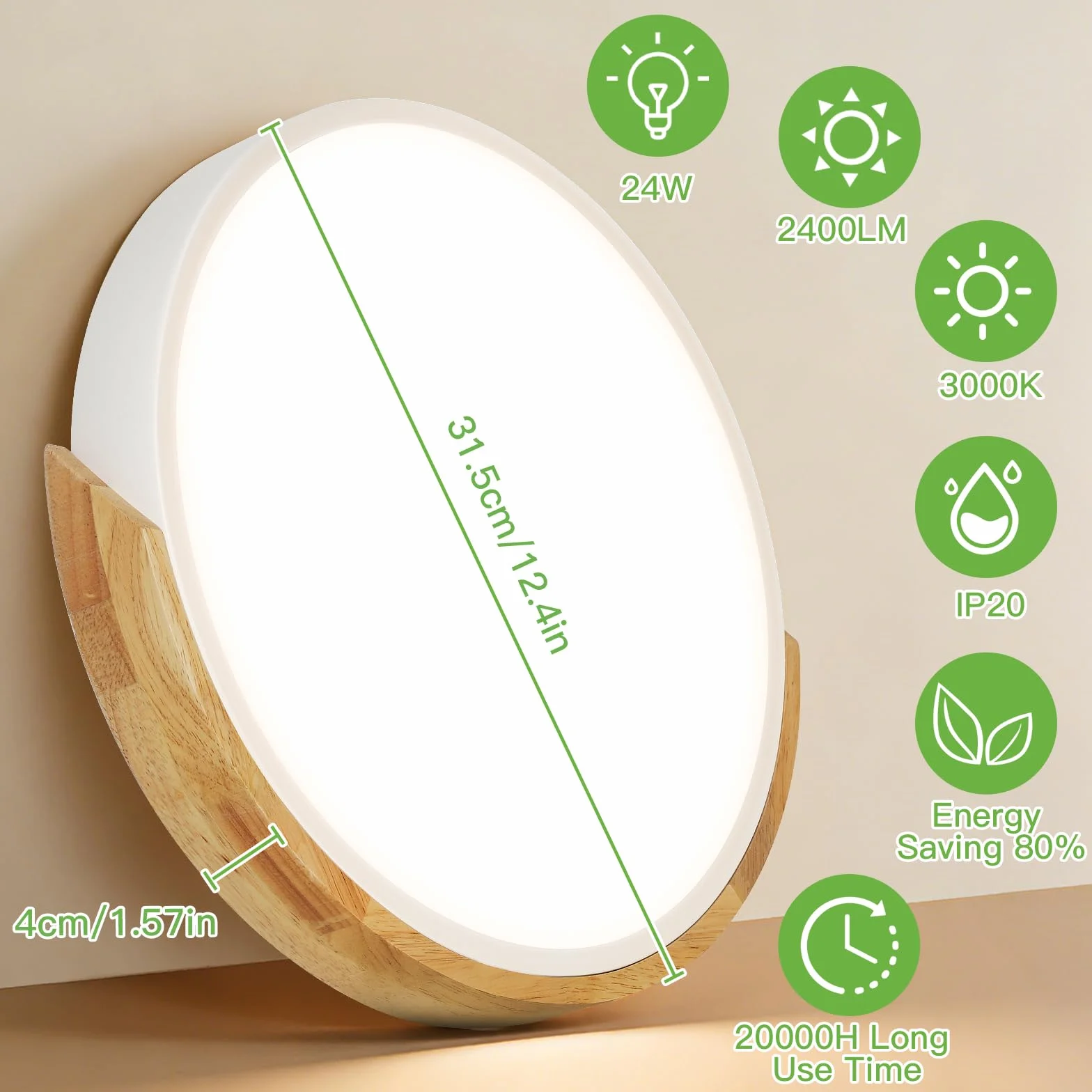 Kimjo Lámpara LED Techo Redonda 24W φ30cm 3000K 2400LM Plafón Madera Blanco