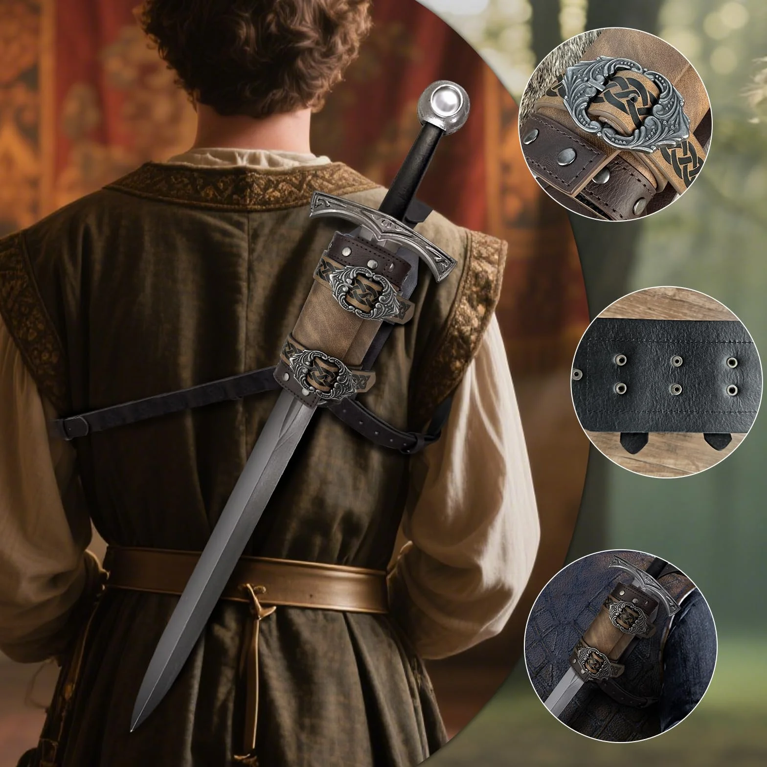 HiiFeuer Espada medieval de piel sintética, Funda de espada ajustable Vintage, Funda Espada Espalda Edad Media