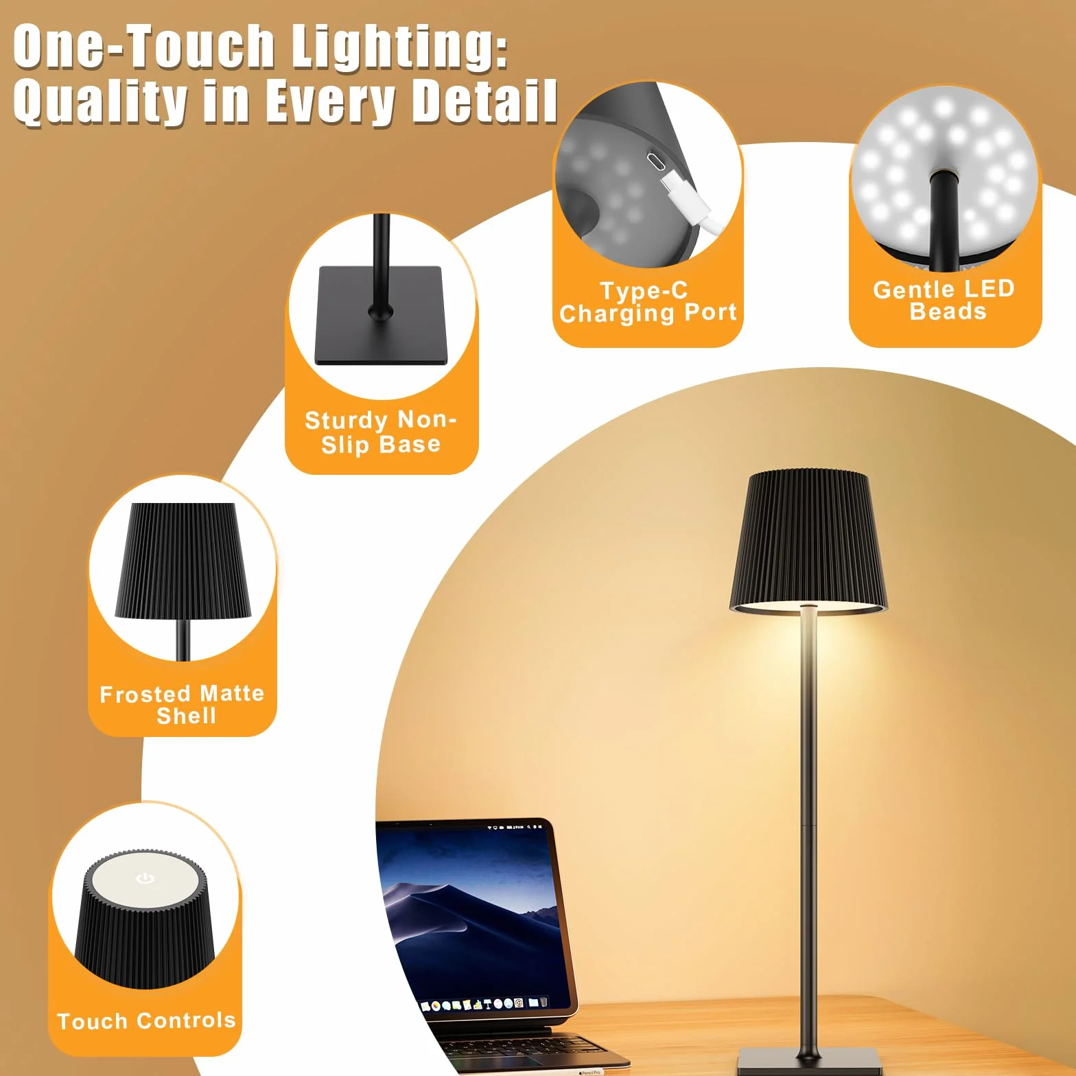 Lámpara de Mesa LED Inalámbrica Recargable con USB-C, Regulable, Negro