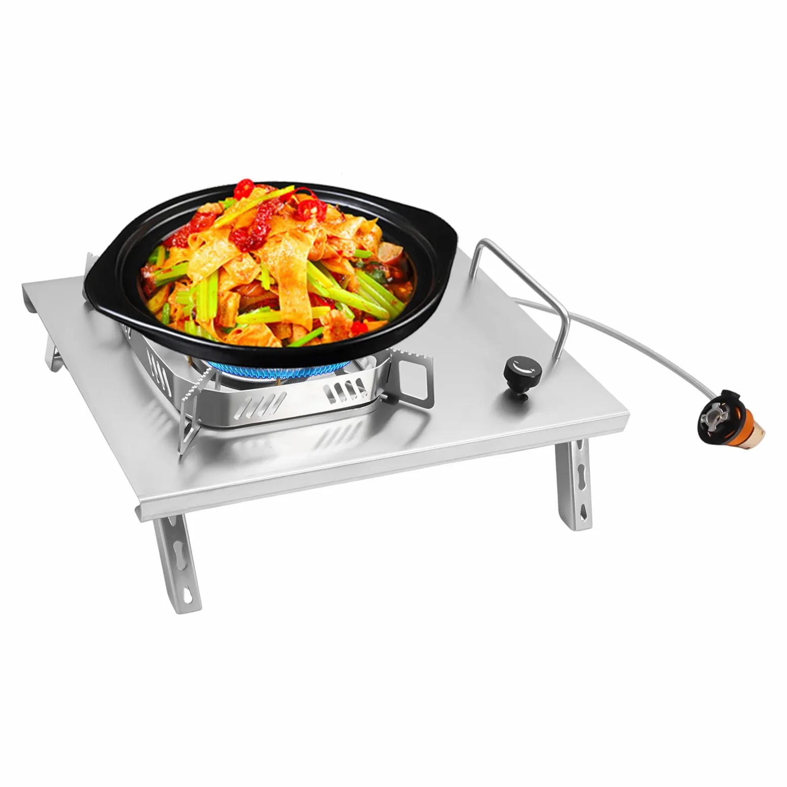 Hornillo de gas para camping de acero inoxidable, 2600 W, incluye manguera de 50 cm y adaptador de embrague, hornillo de gas de 4 patas, para camping y exteriores, viajes de autocaravana