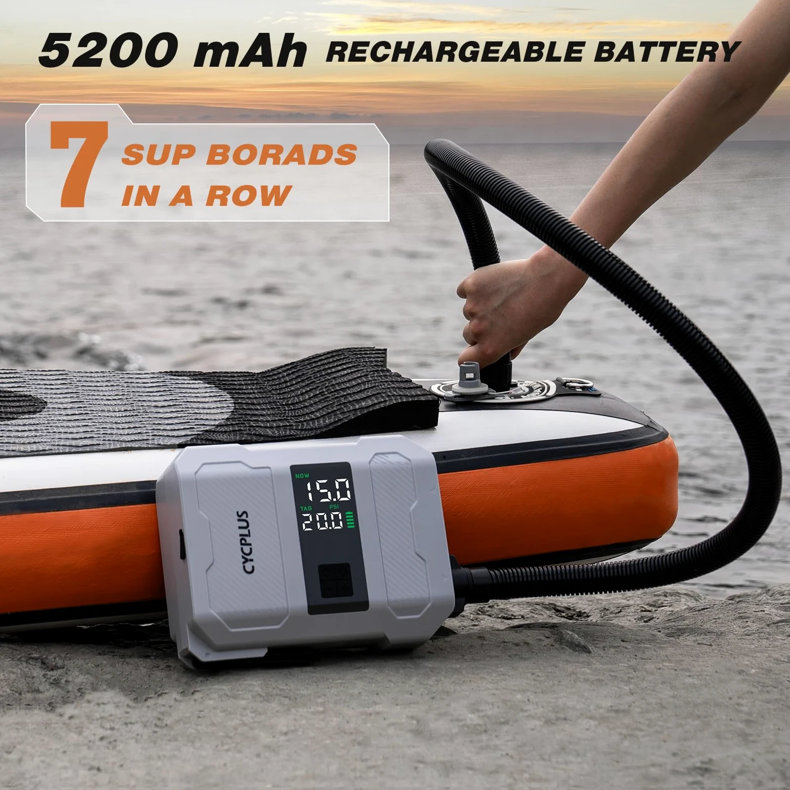 CYCPLUS Bomba de Paddle 20PSI Recargable - Inflado Inteligente de Doble Etapa, Función de Desinflado, Apagado Automático y Pantalla Dual LED, Ideal para Paddleboard, Bote Inflable y Colchón