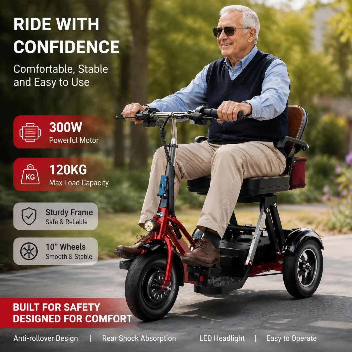 Scooter Eléctrico De Movilidad De 3 Ruedas para Adultos Y Personas Mayores,Batería De 48 V Y 12 Ah, Autonomía De hasta 40 Km, Gran Capacidad De Carga 120 Kg, Diseño Ligero Y Plegable