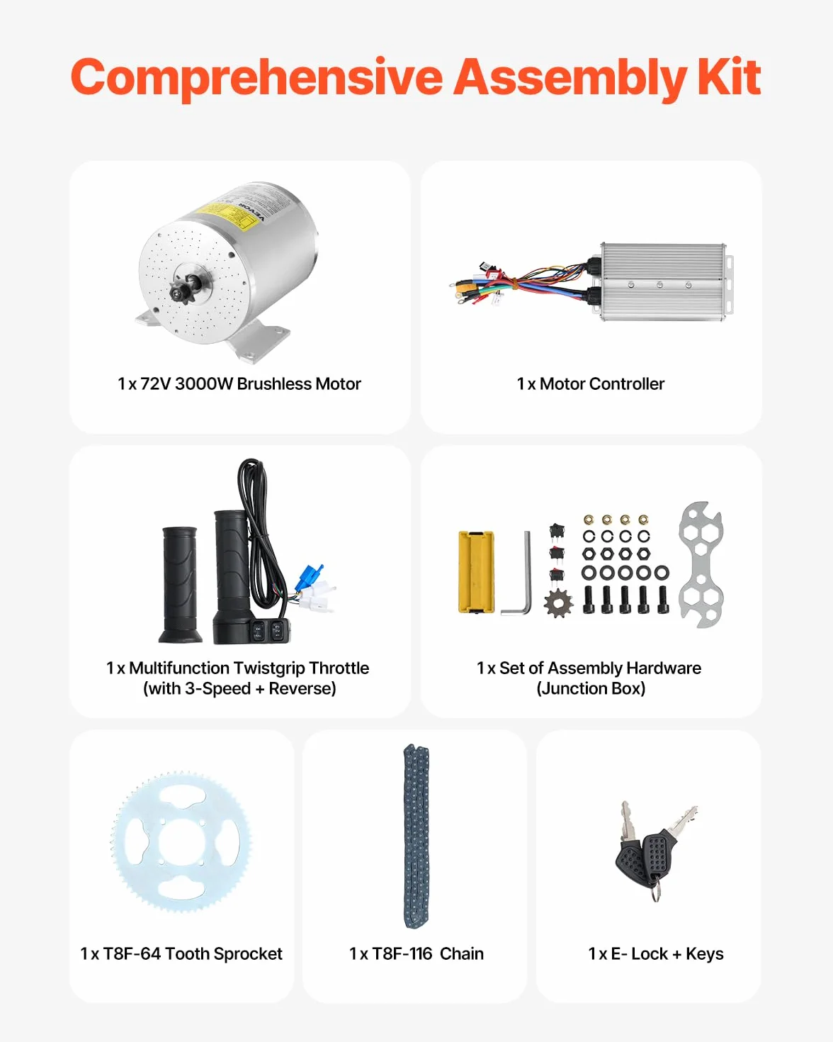 VEVOR Kit de Motor Eléctrico sin Escobillas de CC 3000 W, 72 V y 4900 RPM con Controlador de Velocidad Mejorado y Kit de Empuñadura del Acelerador para Bicicletas Eléctricas, Motocicletas y Scooters