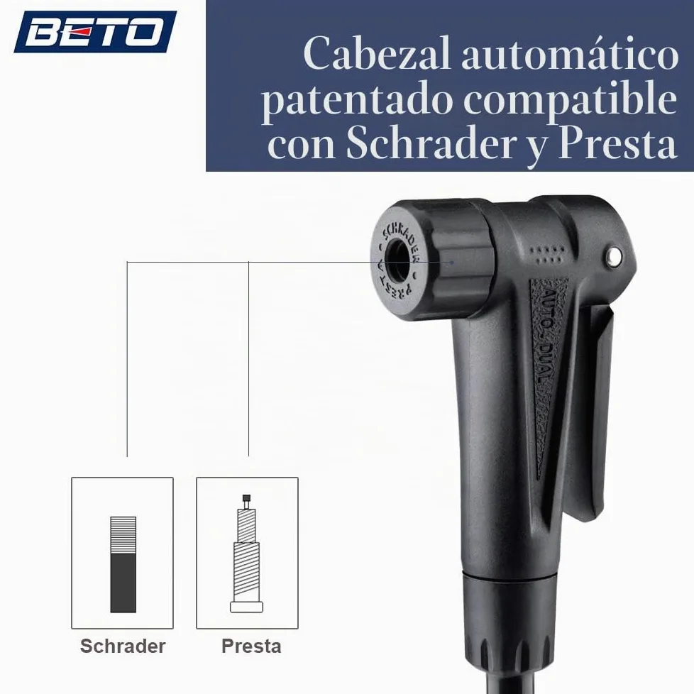Beto Bomba de bicicleta portátil – Bomba de suelo para bicicleta con indicador industrial montado en la parte superior y botón de purga de aire – Válvula Presta Schrader Dunlop universal, tubo de