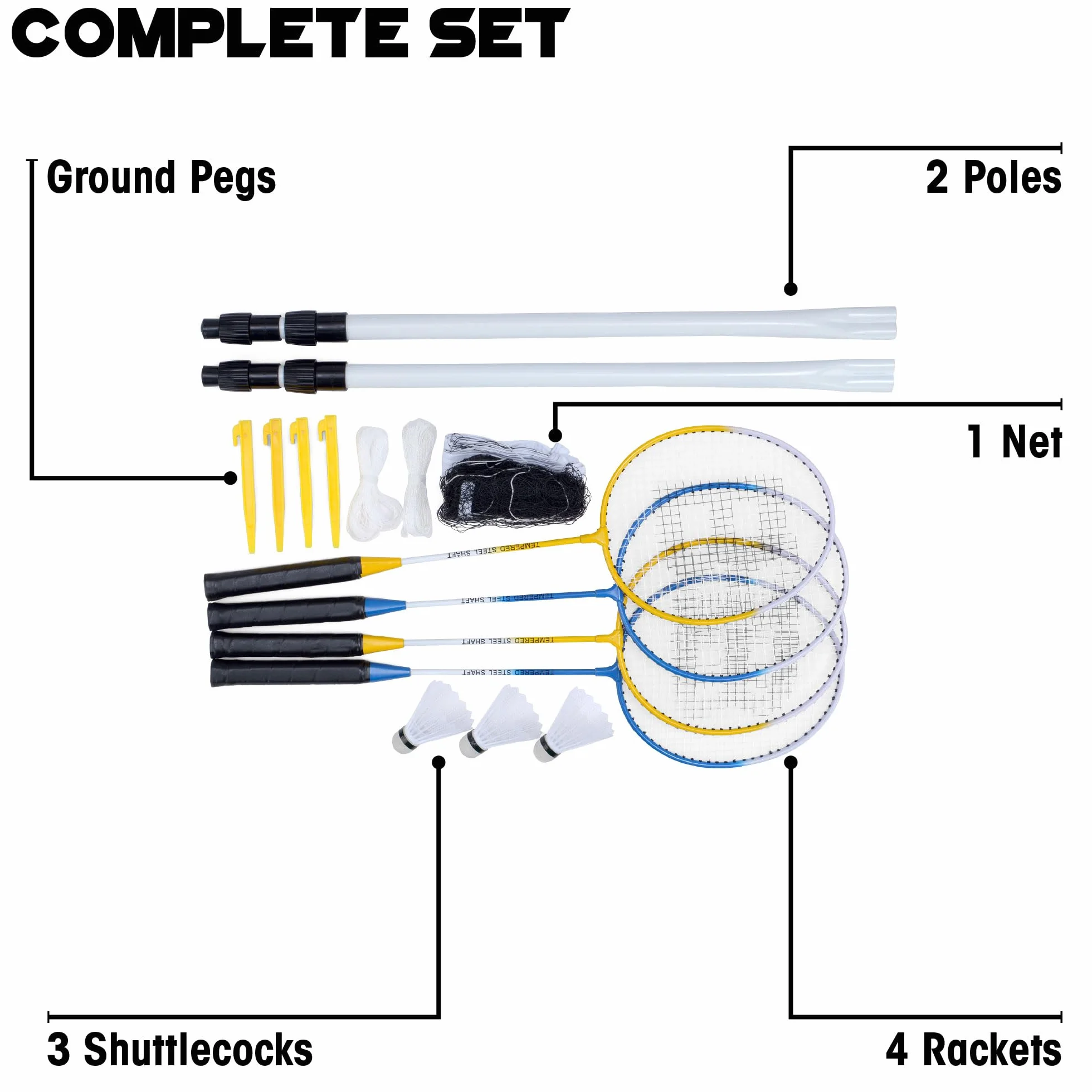 Baseline Juego de bádminton para 4 Jugadores, Incluye 4 Raquetas, 2 Volantes, Red y Postes, portátil con Bolsa de Transporte