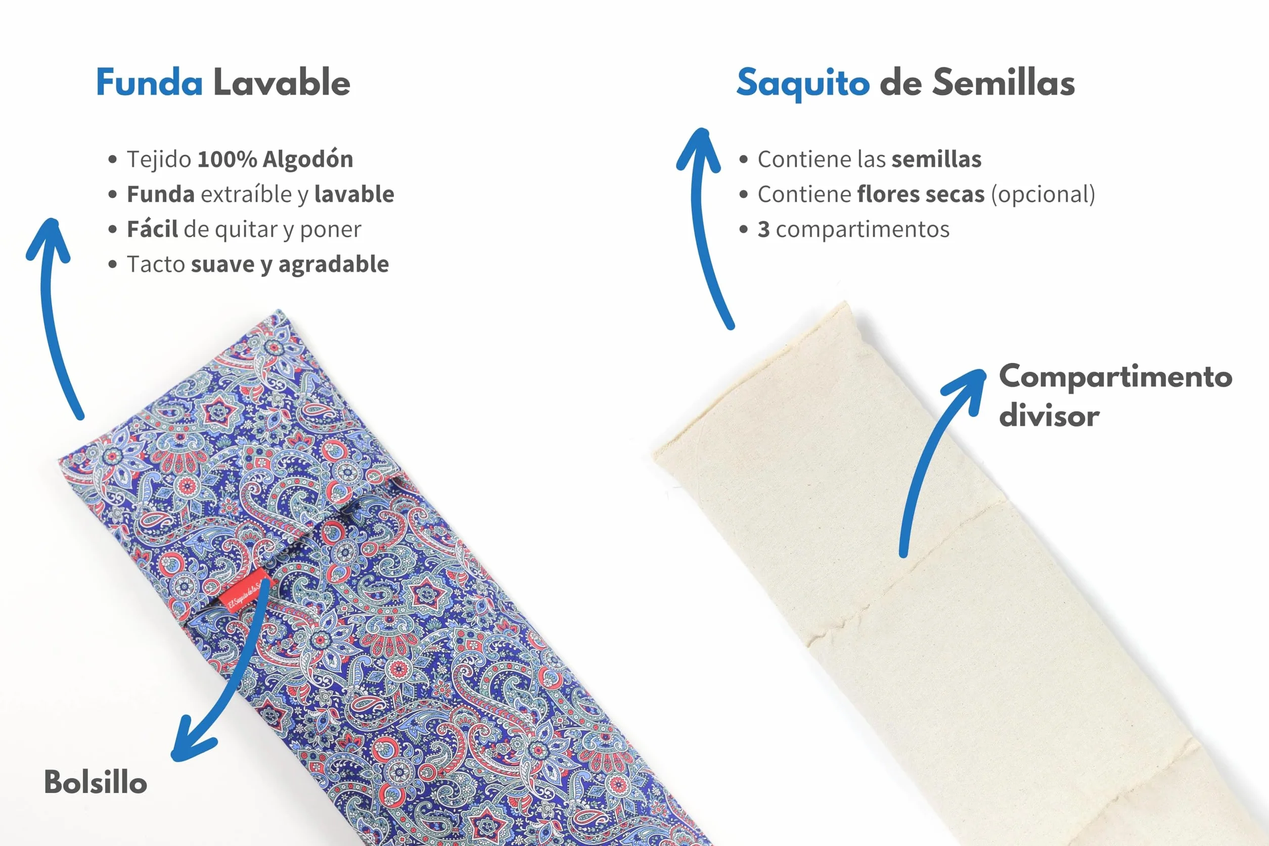 Saco Térmico de Semillas Lavanda Azahar Romero Calor Seco 100% Algodón Cachemira M 50x15x2 cm