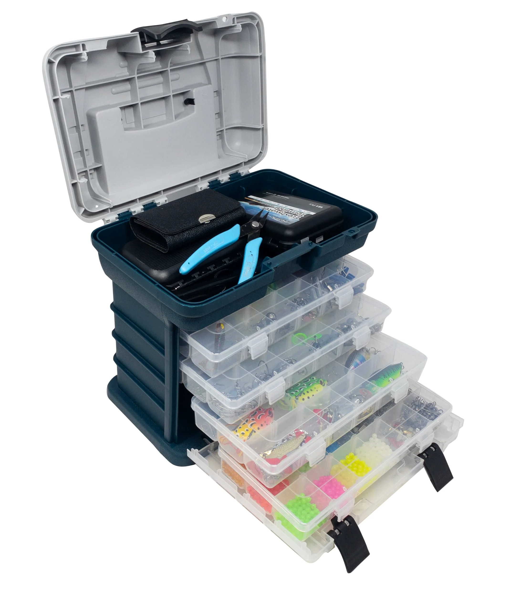 Lunar Box IG20333 Estuche 4 Compartimentos Ajustables Cajas de Almacenamiento, Caja de Aparejos de Pesca, Unisex Adulto, Gris y Verde, Talla única