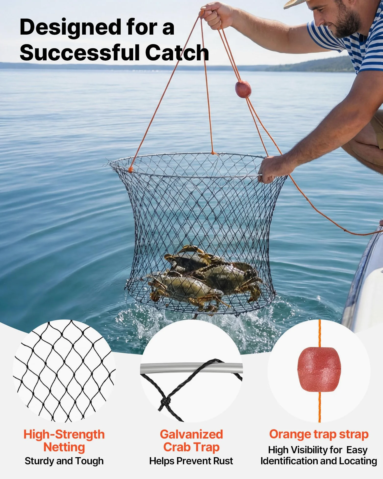 VEVOR Trampa para Cangrejos 2 Piezas de Doble Anillo, 60 cm Superior, 50 cm Inferior, Trampa de Red de Pesca Nailon Recubierto de PVC, Cuerda de 18 m, Pesca de Cangrejos en Muelles y Embarcaderos