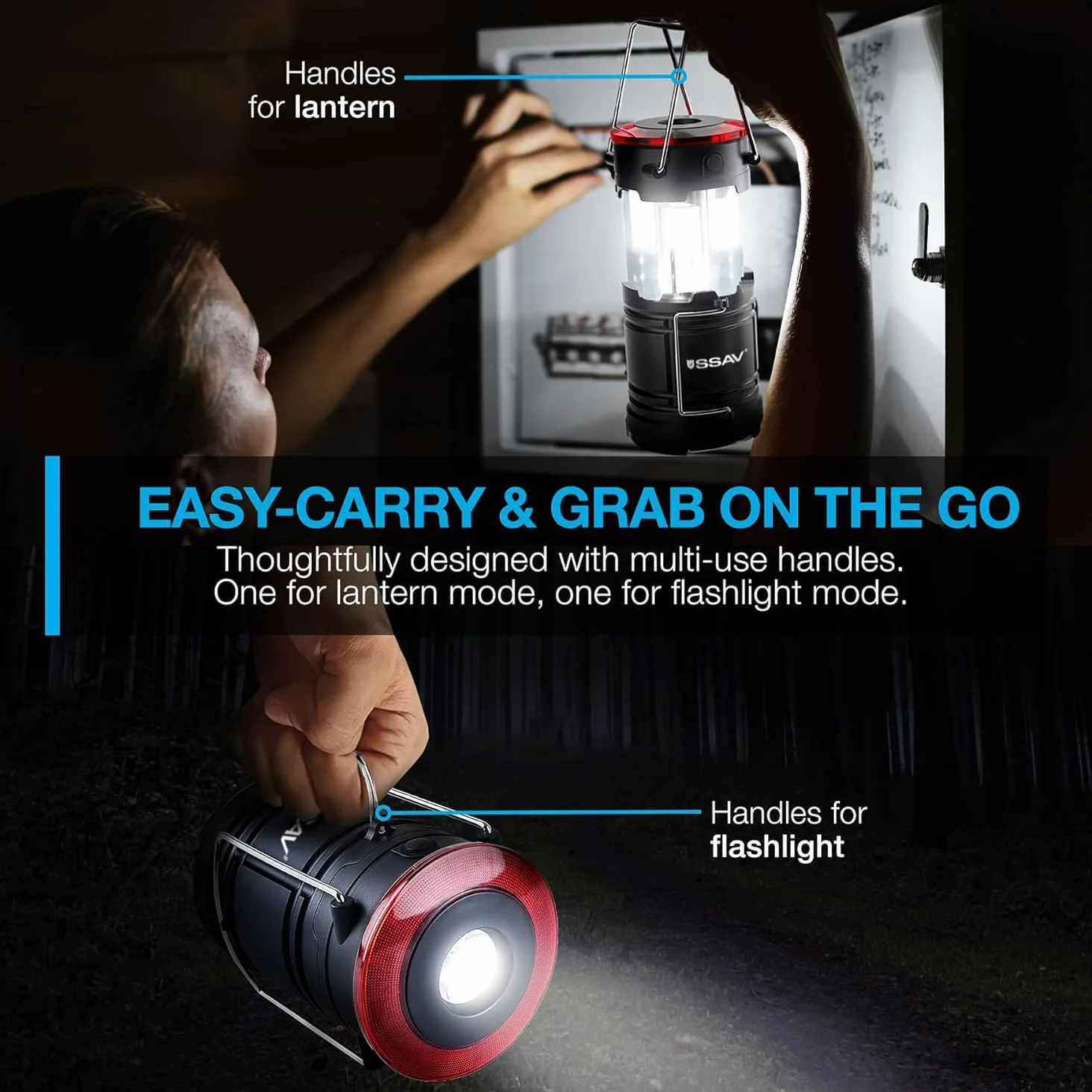 Linterna de camping, linternas LED, kits de supervivencia adecuados para huracanes, luz de emergencia para tormentas, interrupciones, linternas portátiles al aire libre, color negro, plegable, pilas