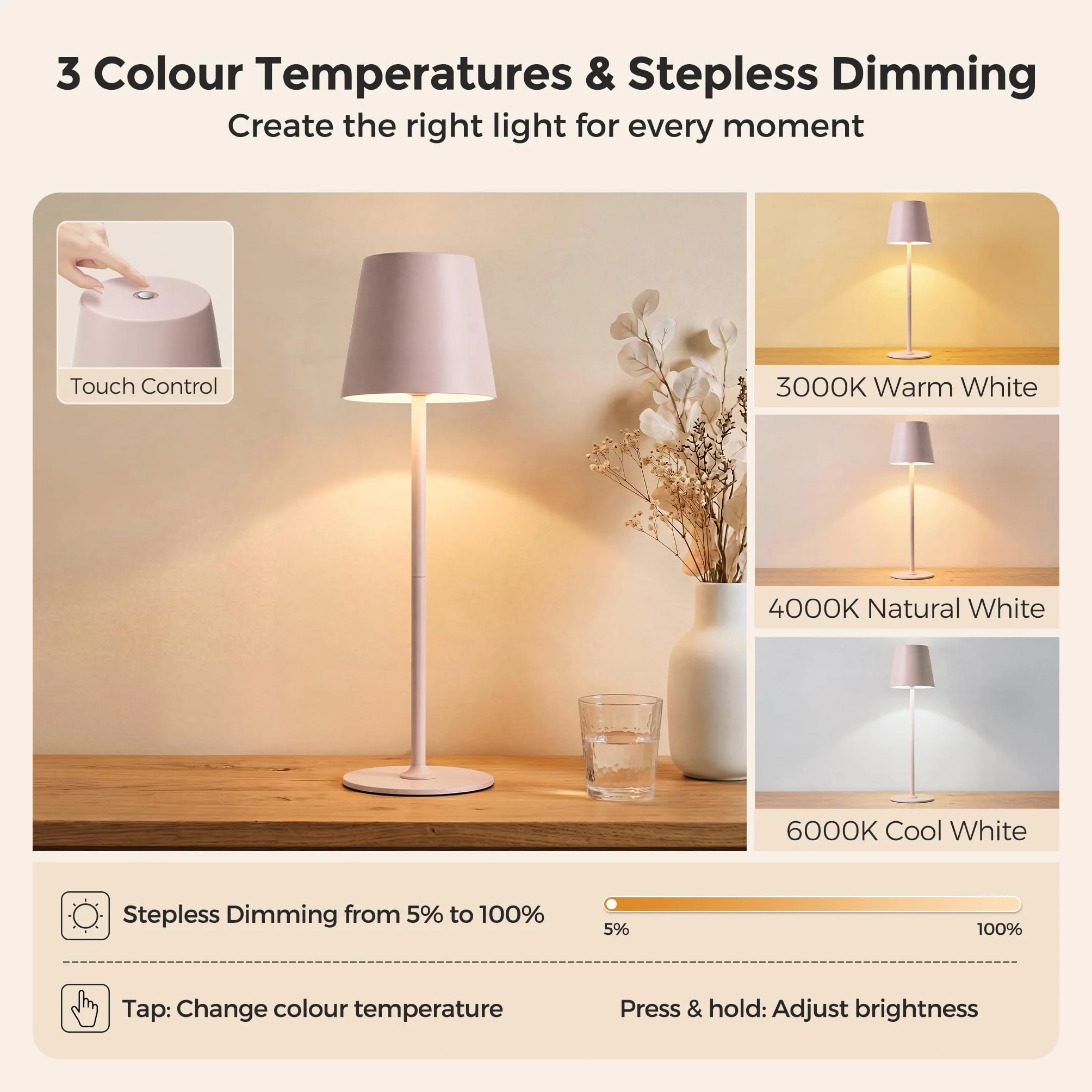 Lámpara de Mesa LED Inalámbrica Recargable IP54 5300 mAh 3 Temperaturas de Color Regulación Continua Cuerpo Metálico