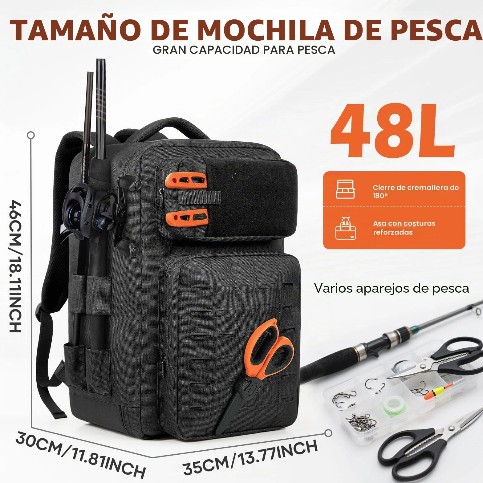 WEFLIER Mochilas de Pesca, Bolsos de Equipos de Con Accesorios de Pesca Con Palos de, Bolsos de Viaje Con Bolsas de Almacenamiento 48l, Caza de Campamento, Camping, Trekking, Negro