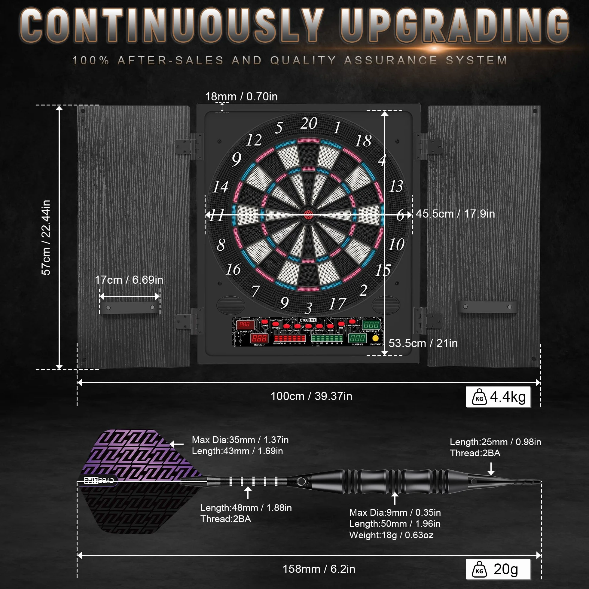 CyeeLife Diana electrónica con gabinete de Madera, Juego de Dardos electrónico, Tablero de Dardos con 34 Juegos y 355 Variantes, Modo para 8 Jugadores, Pantalla LED, Voz Alemana