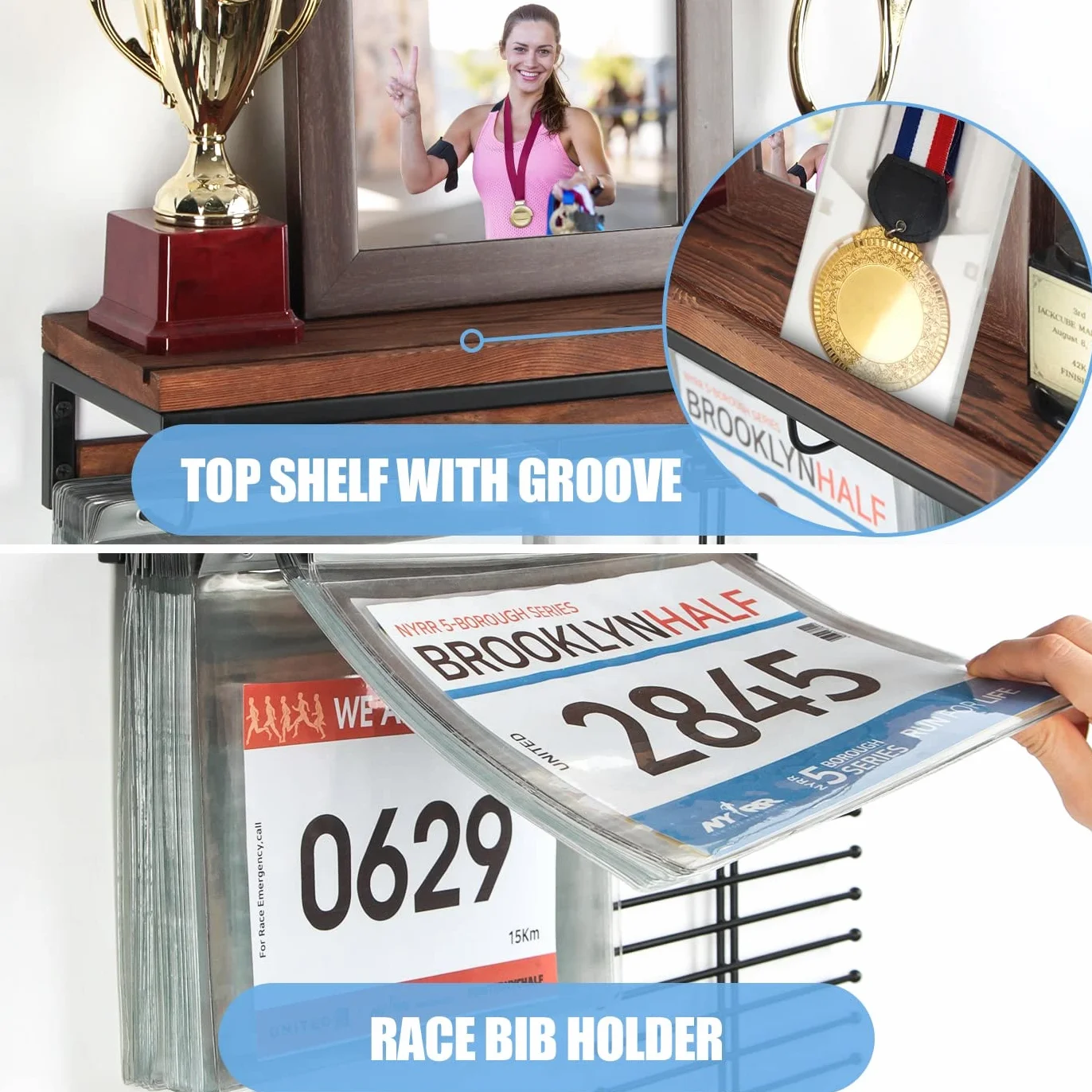 Colgador de pared para medallas de maratón con soporte de baberos, estante de trofeos y ganchos, 50 bolsas abatibles - MK817A