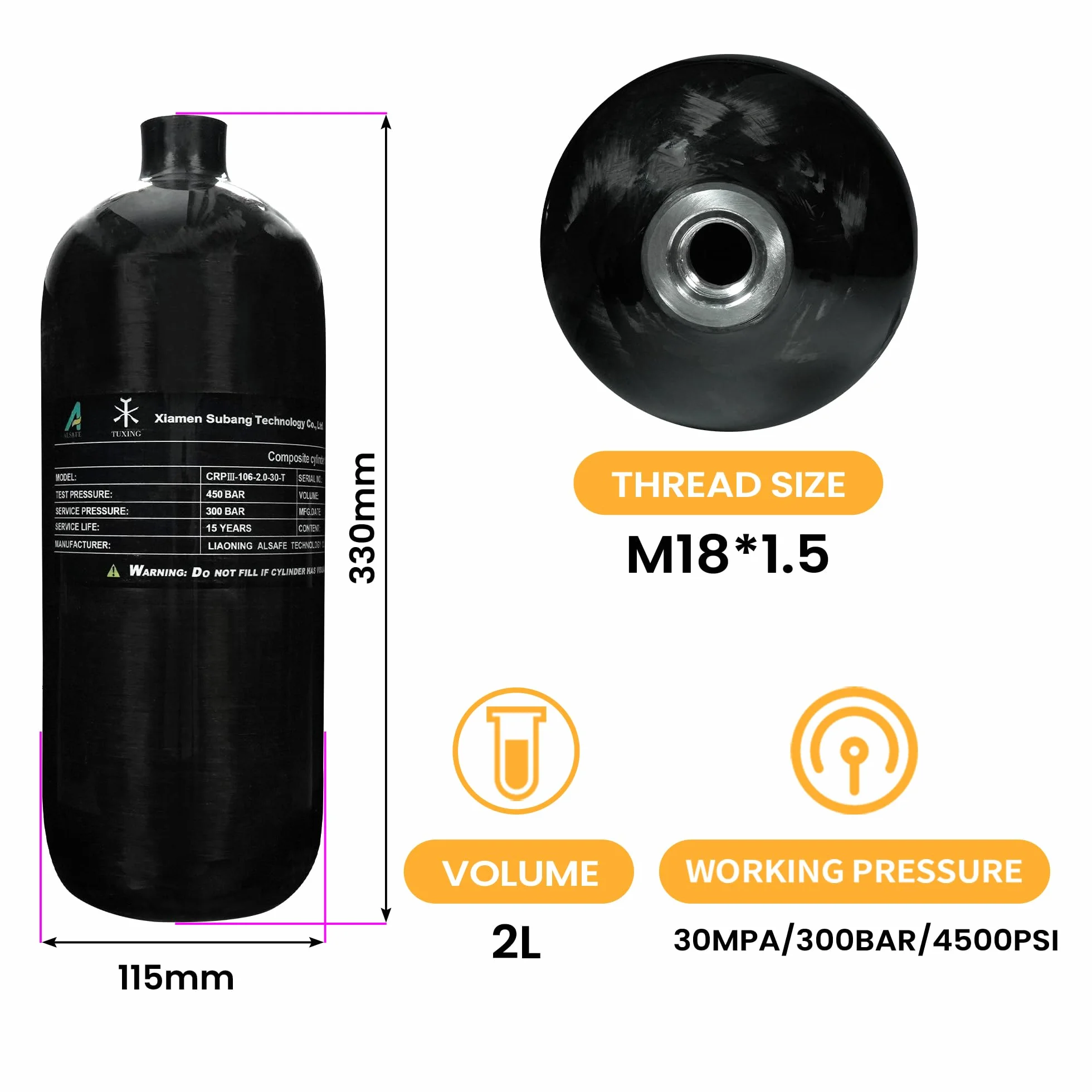 TUXING Depósito de aire HPA de fibra de carbono de 4500 psi, 2 l, 122 Cu con válvula reguladora de relleno PCP, para tanque de buceo Pcp Air Rifle (Empty Bottle), M18 x 1,5