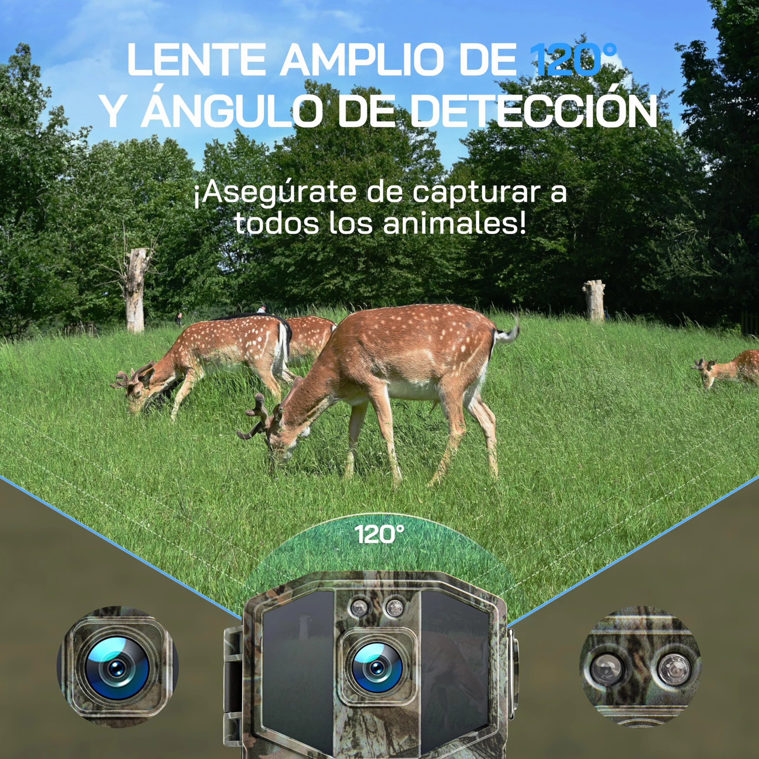 WOLFANG Cámara de Caza WiFi 4K 64MP, Camara Fototrampeo con 0.1s Velocidad de Disparo, Visión Nocturna, Diseño de Temporizadorn, IP66 para Vida Silvestre y Monitoreo de Seguridad