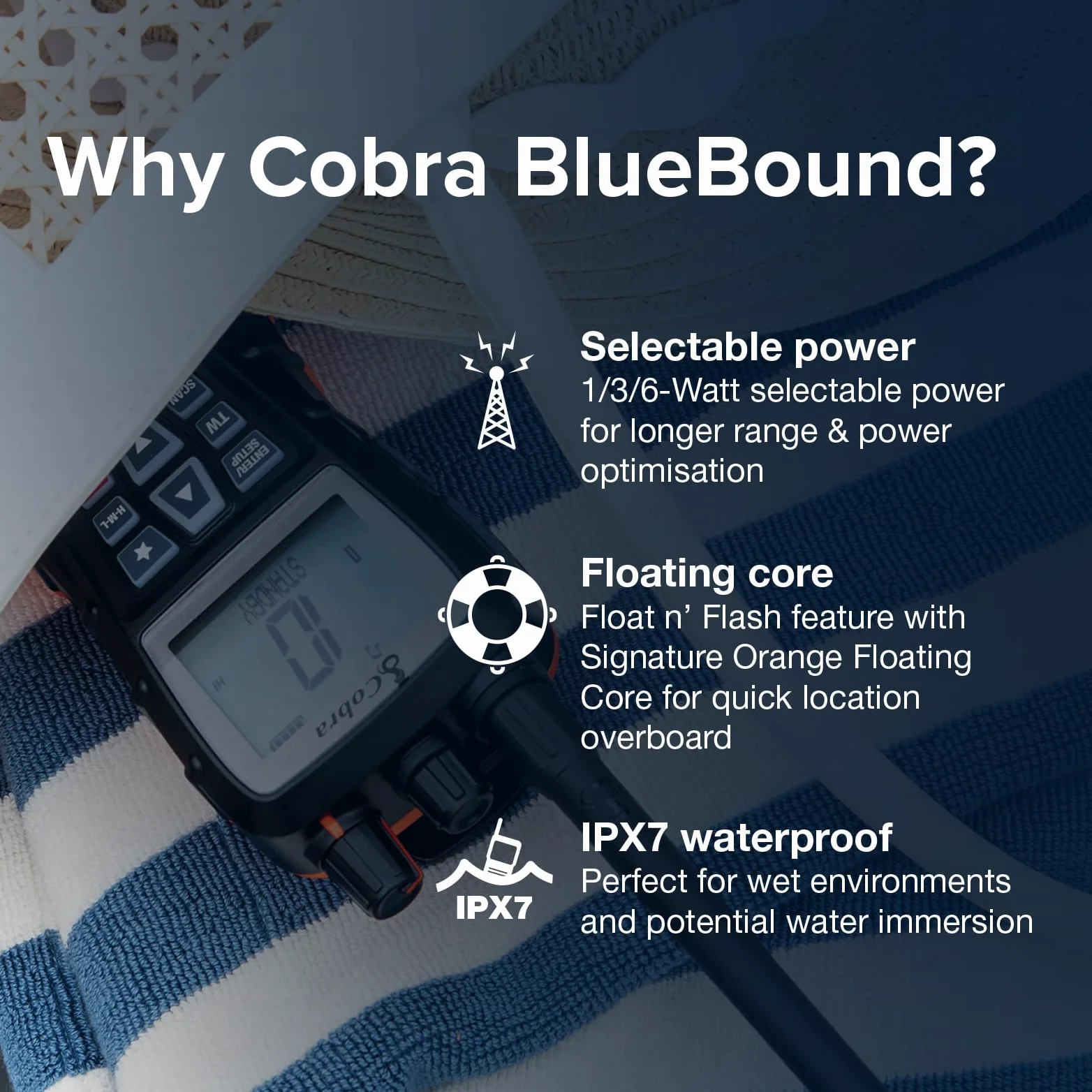Cobra BlueBound 350 Radio Marina VHF Flotante de Mano - 6 W, Float n' Flash, IPX7 Impermeable, Sumergible, Pantalla LCD día/Noche, escaneo de Memoria, Tri-Watch, Negro