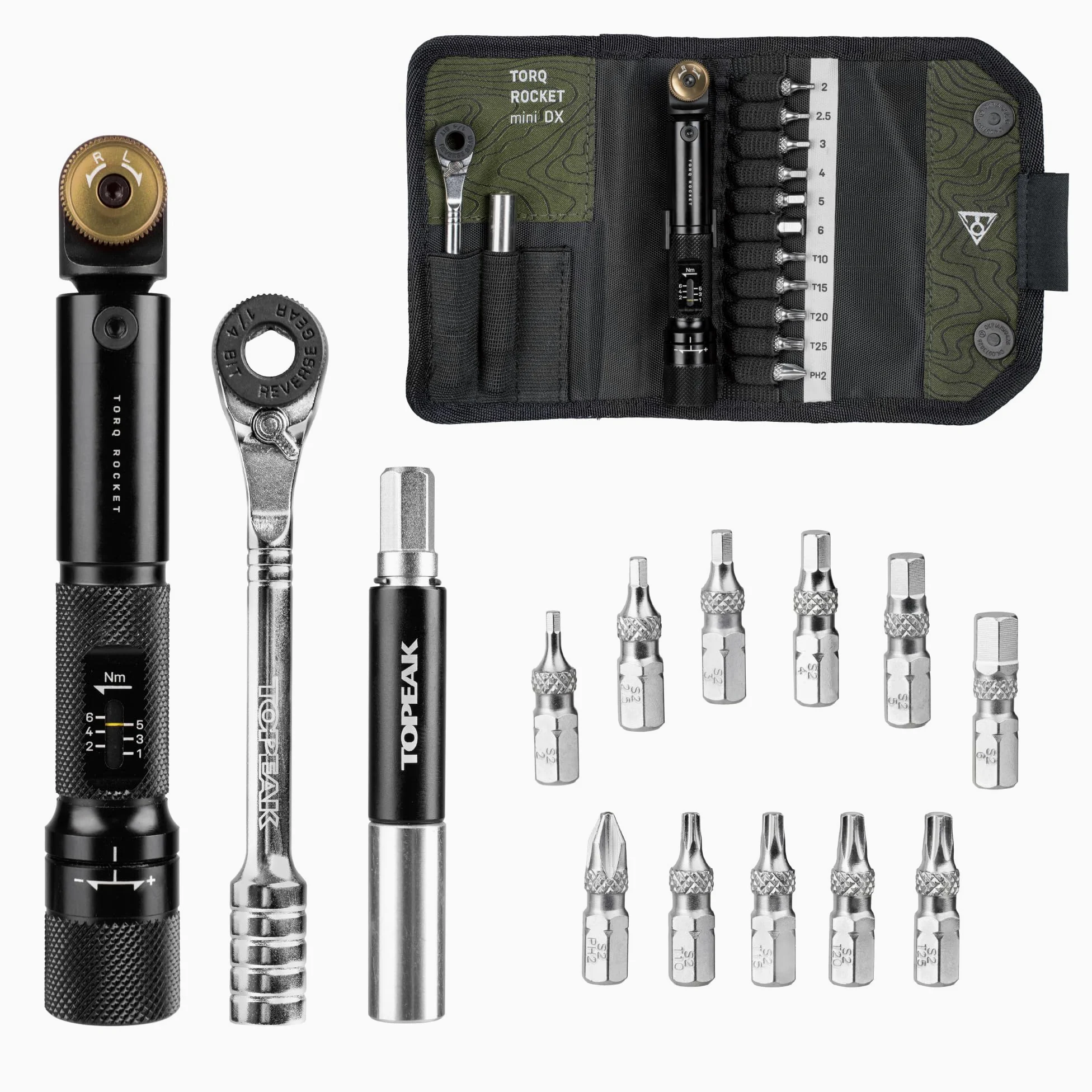 Topeak Torq Rocket MiniX - Llave dinamométrica - Herramienta de trinquete ajustable de 1-6 Nm con 11 puntas y funda de transporte