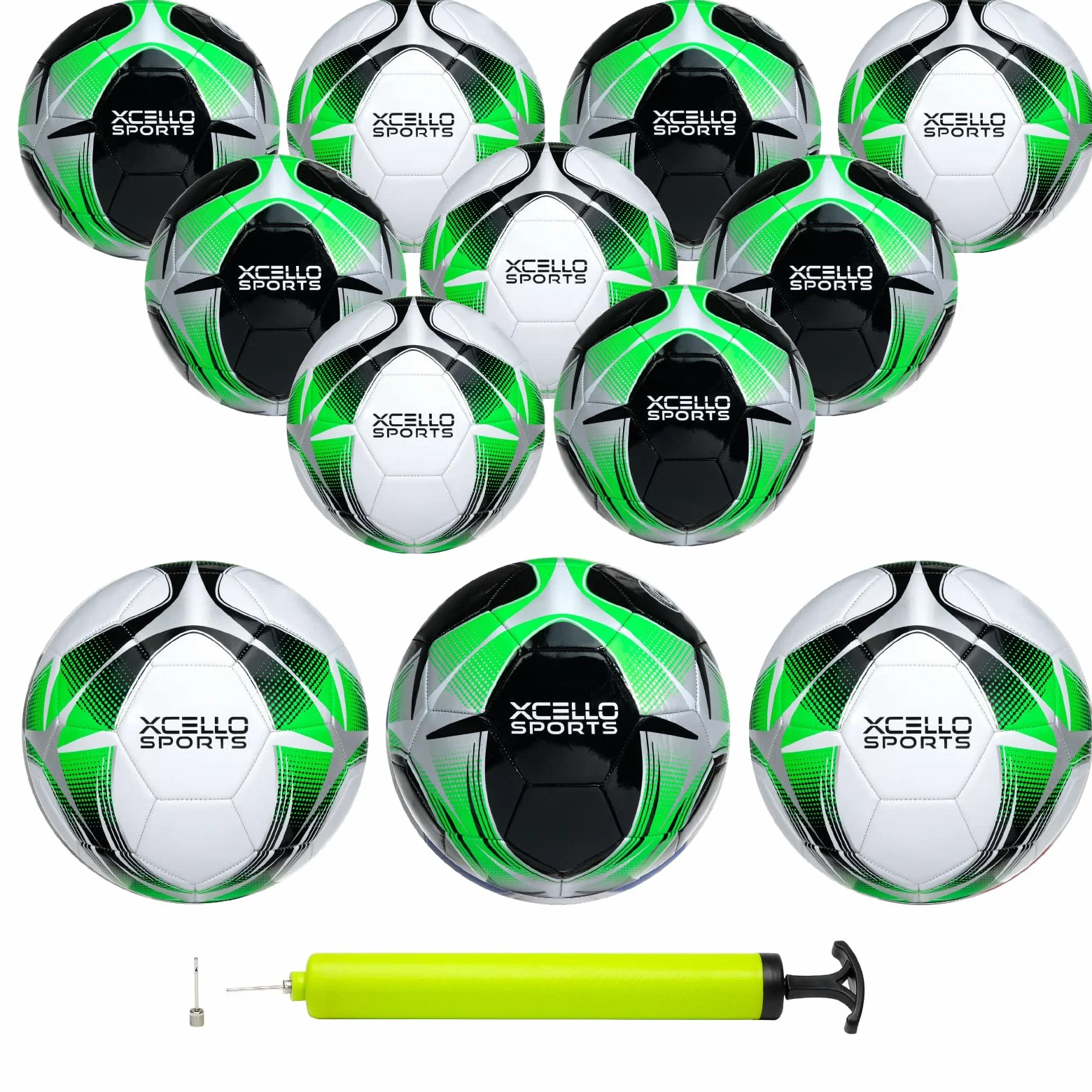 Xcello Sports Balón de fútbol (negro/verde/plata, blanco/verde/plateado) con bomba, tamaño 3, 4 o 5 y 2, 6, 12 o 24 paquetes
