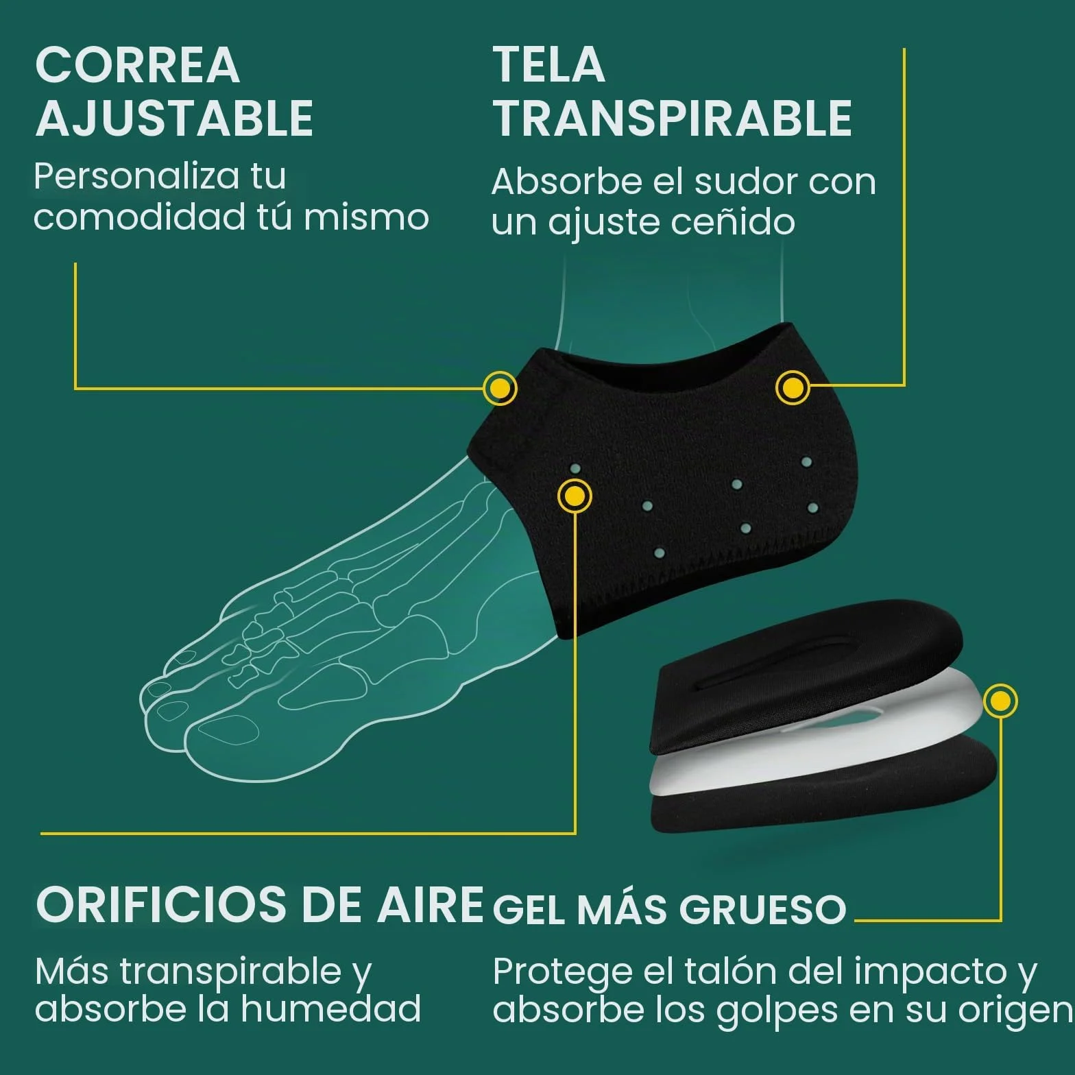 Welnove Protector de talón para fascitis plantar, talón de gel mujer hombre espolones plantillas tendinitis Aquiles Negro Large EU 42-47