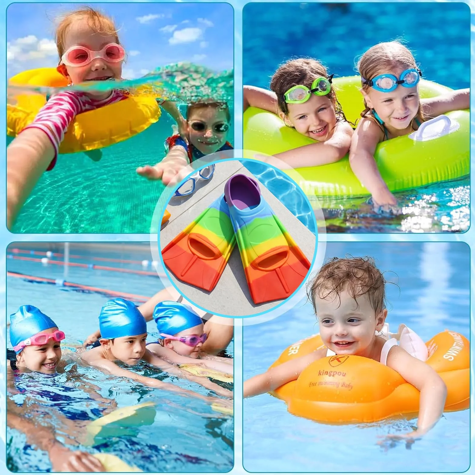Aletas de Natación para Niños, Silicona 100%, Aletas Cortas para Niños, 24 - 26 Yardas, Aletas de Buceo Cortas para Entrenamiento de Natación, Snorkel, Buceo para Principiantes, Piscina, Playa