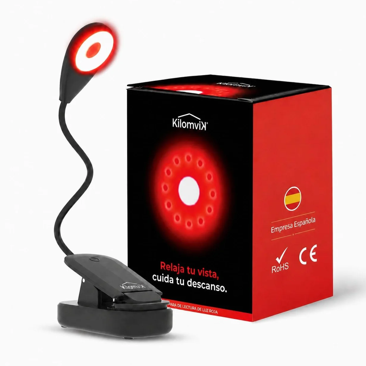 Lámpara Luz Roja Nocturna Melatonina 0% Luz Azul Sin Flicker Recargable USB 3 Intensidades Pinza Cuello Flexible 360°