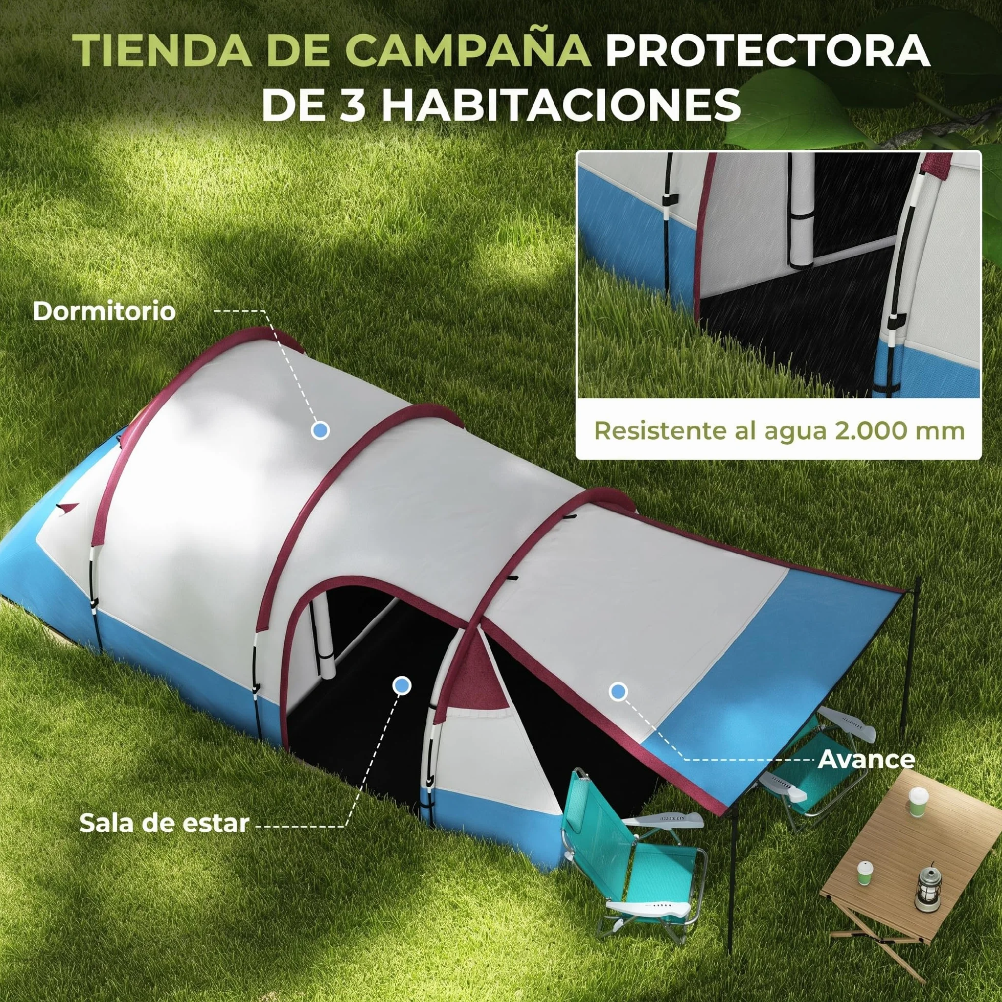 Outsunny Tienda de Campaña Familiar para 3 Personas Tienda Camping Plegable Ligera con 2 Habitaciones Bolsa de Transporte Impermeable 2000 mm para Playa Senderismo 420x200x150 cm