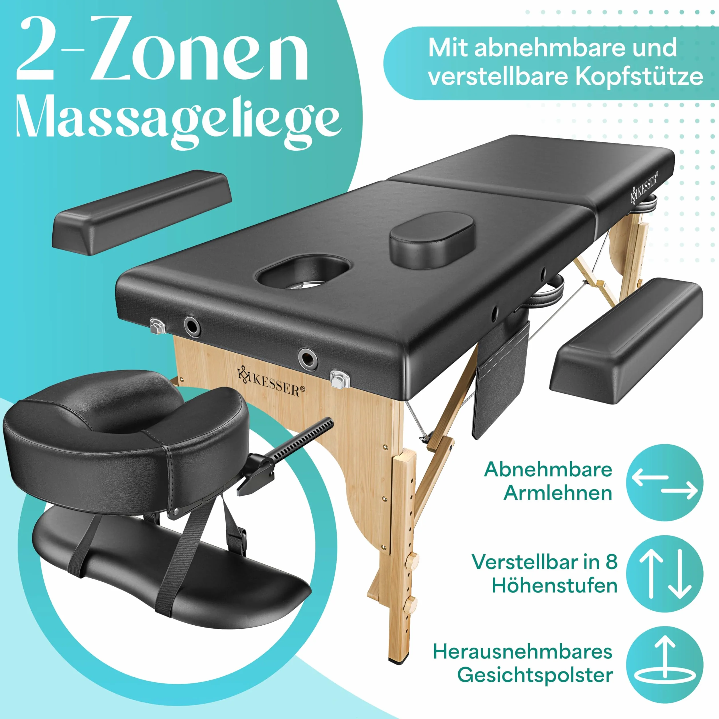 KESSER Camilla de masaje móvil, plegable, 250 kg, 2 zonas, reposacabezas