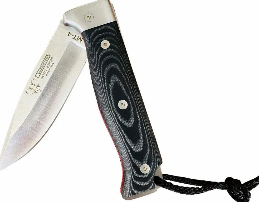 Cudeman Navaja 384-M MT-4 hoja de acero Böhler N-695 de 10 cm y empuñadura de micarta negra con separador rojo de 11,5 cm para caza, pesca, supervivencia y bushcraft + Portabotellas regalo