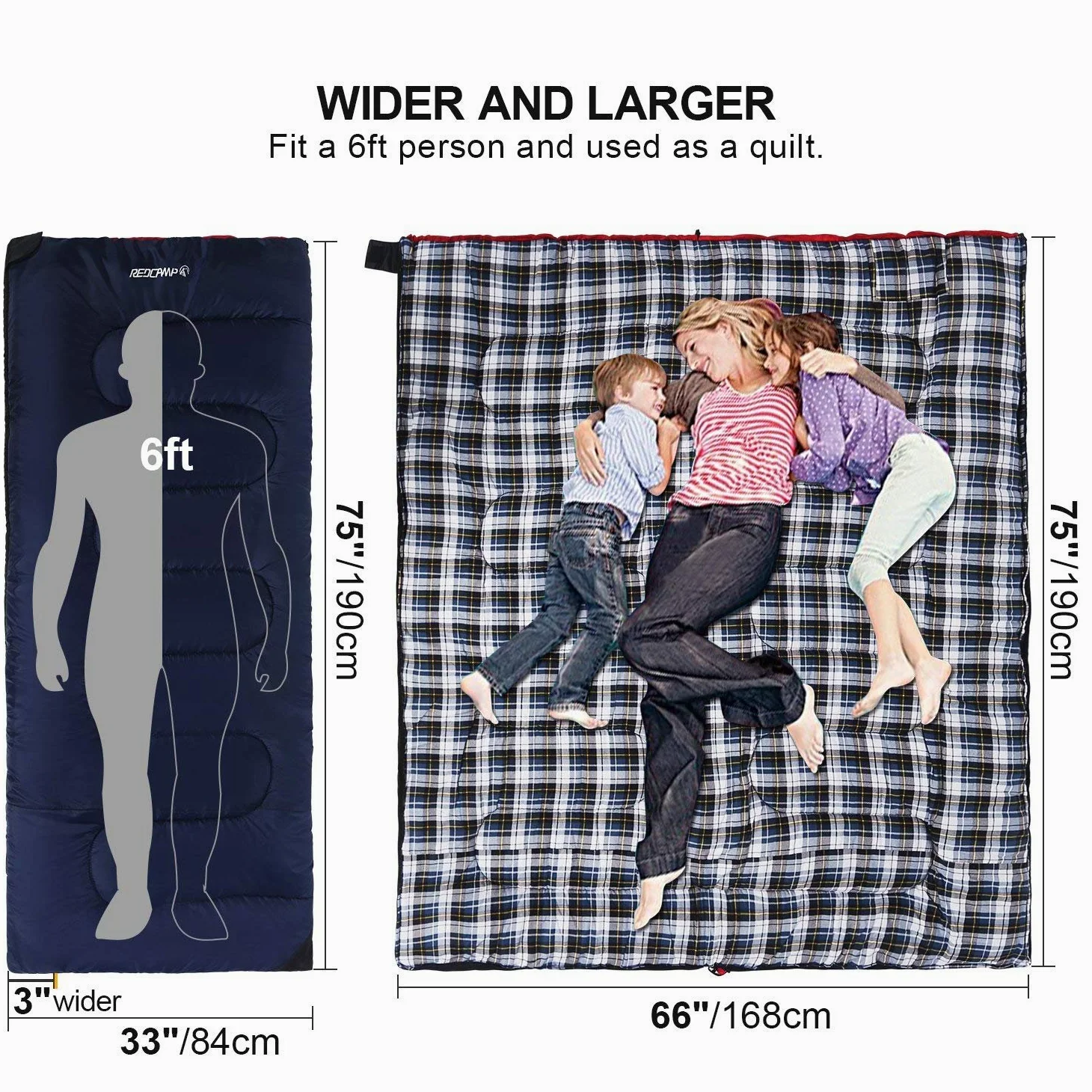 REDCAMP Saco de Dormir de Franela de algodón para Acampada, mochileros, para Adultos, para Clima frío, Tipo sobre, con Relleno de 0,9, 1,4 y 1,8 kg
