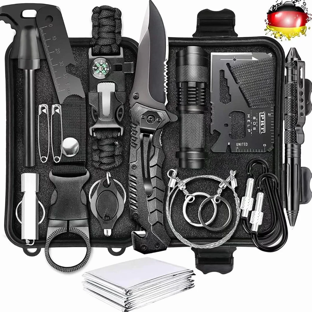Kit de Supervivencia LC-dolida 15 en 1, Kit de Supervivencia de Emergencia al Aire Libre con Cuchillo/Linterna táctica para Acampar/bushcraft/Senderismo/Caza/Aventuras al Aire Libre