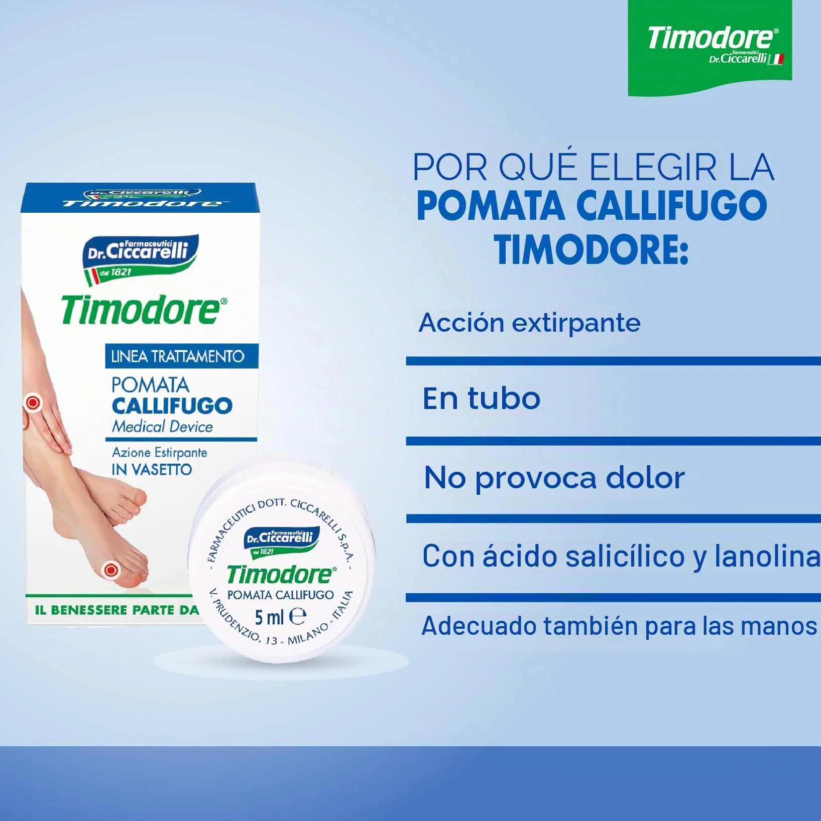 Pomada para Callos Timodore 5 ml, Elimina Callos en Manos y Pies, Hecho en Italia
