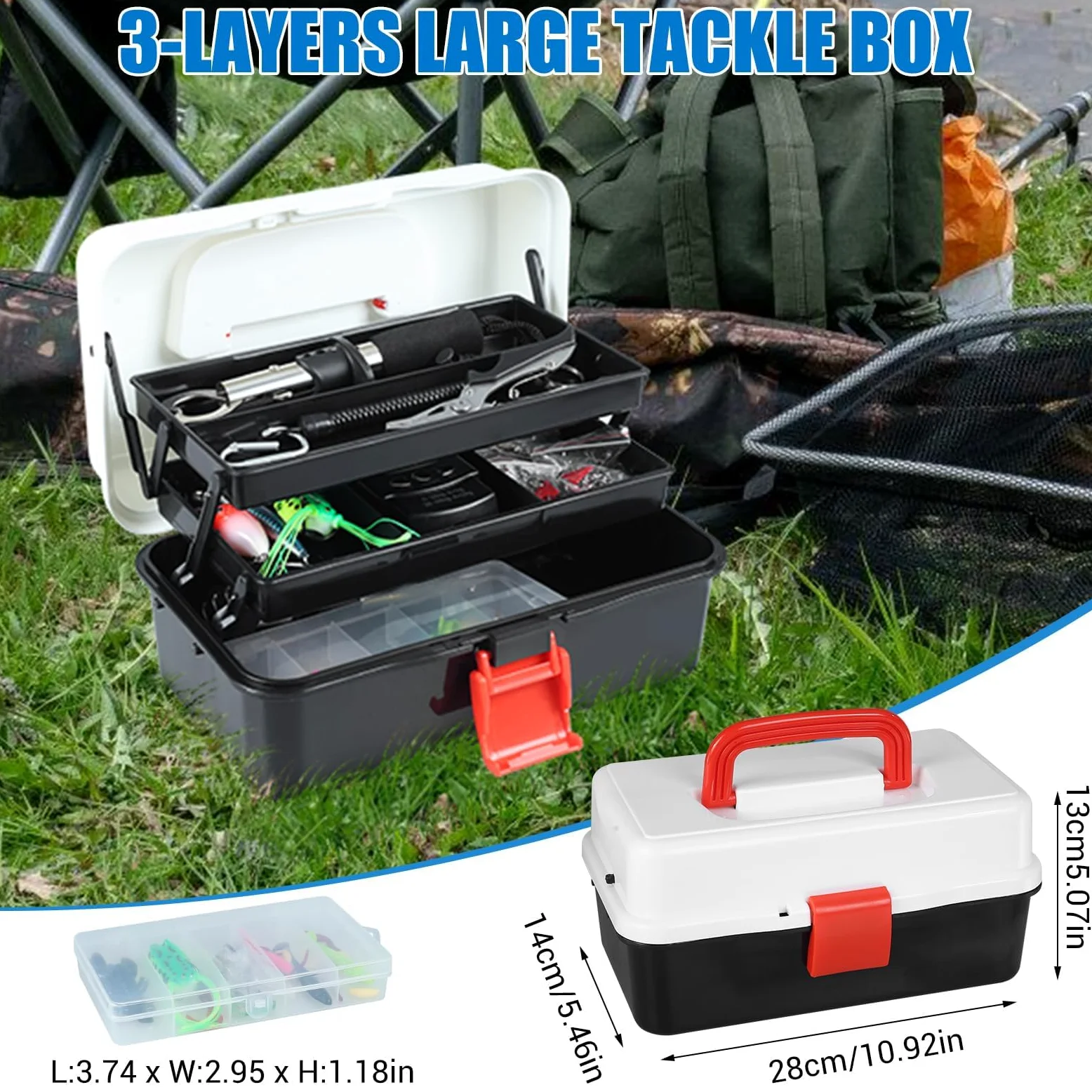 Juego de señuelos de pesca, maletín de 3 estantes con accesorios, juego de pesca con cebo para trucha, perca, pesos de plomo, ganchos, pinzas de pesca, accesorios de pesca para principiantes