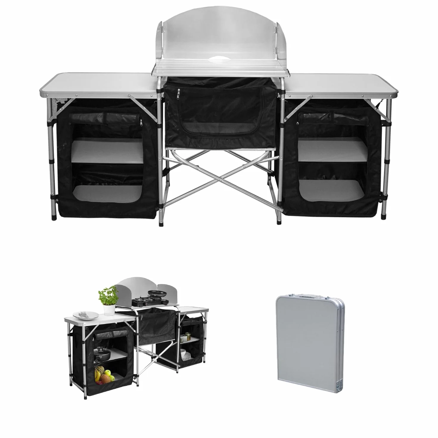 Cocina de camping, armario de camping plegable con protección contra salpicaduras, bolsa de transporte, incluye muebles de camping, cocina de camping al aire libre, con estructura de aluminio,