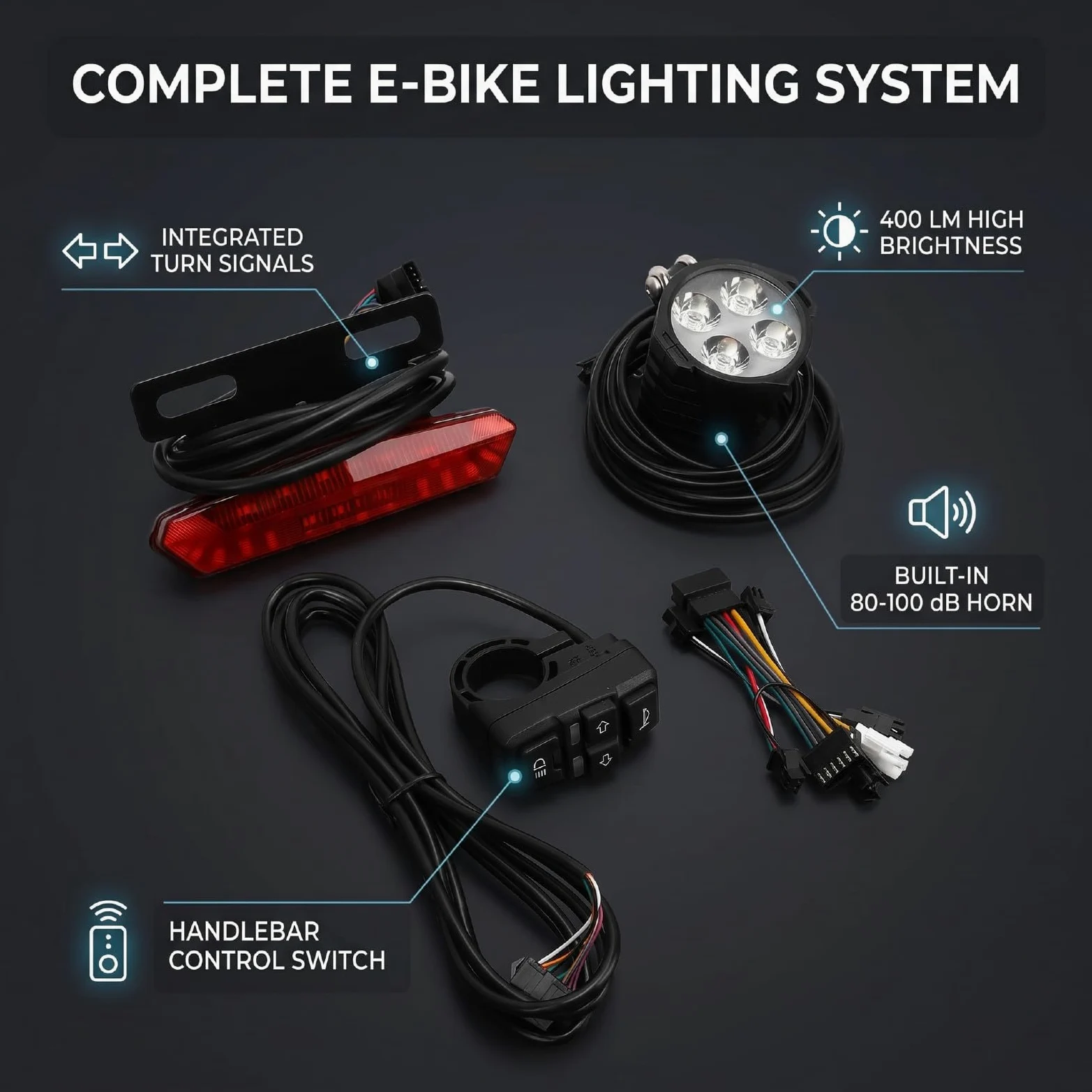 Juego de Luces para Bicicleta Eléctrica, Iluminación Brillante de 400 Lúmenes, Luz Trasera LED con Interruptor de Control de Manillar de Bocina para Bicicleta Eléctrica
