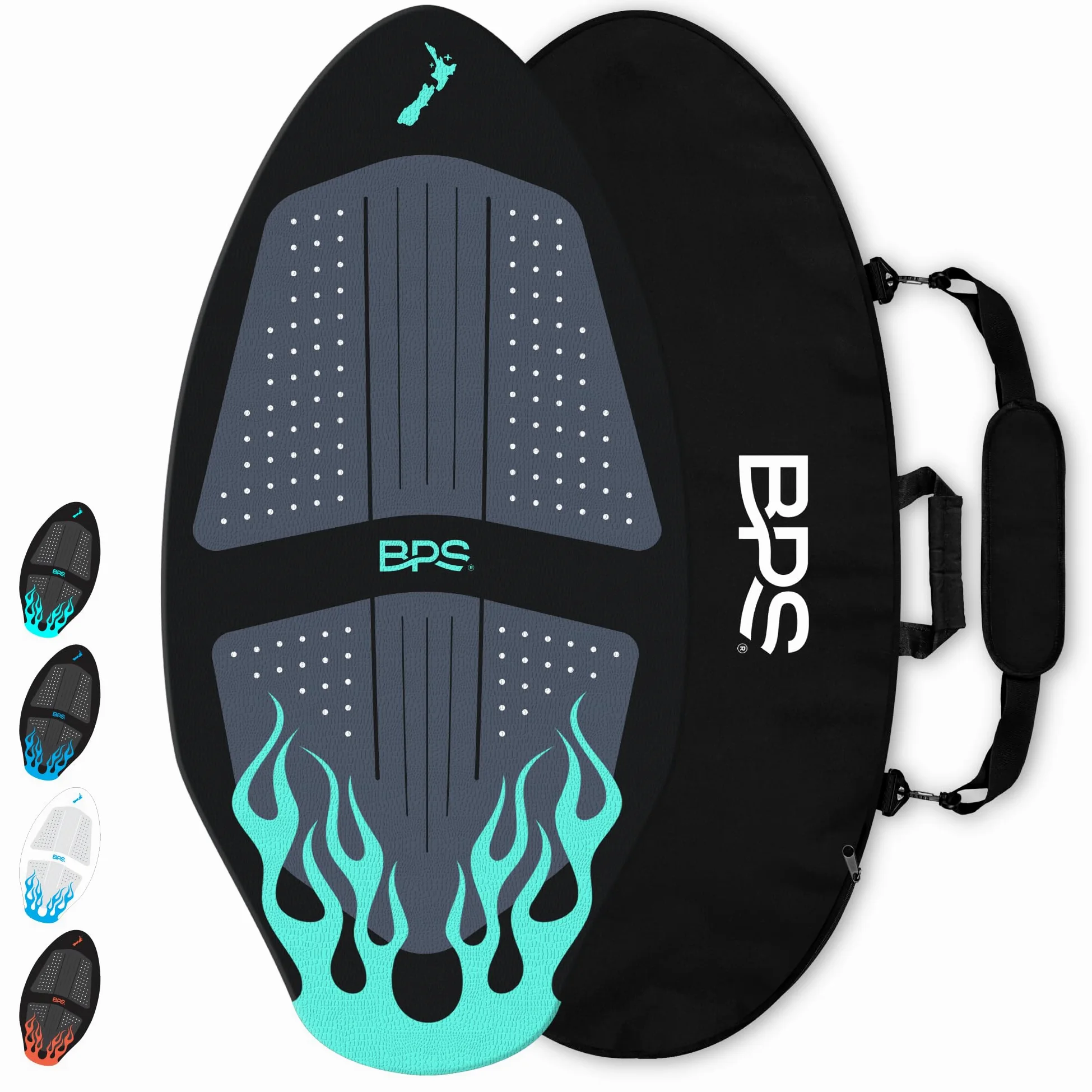 BPS New Zealand 'Flame' - Skimboard de madera de alto rendimiento con almohadillas de tracción personalizadas, con bolsa de transporte acolchada opcional hecha de plásticos reciclados, para niños o