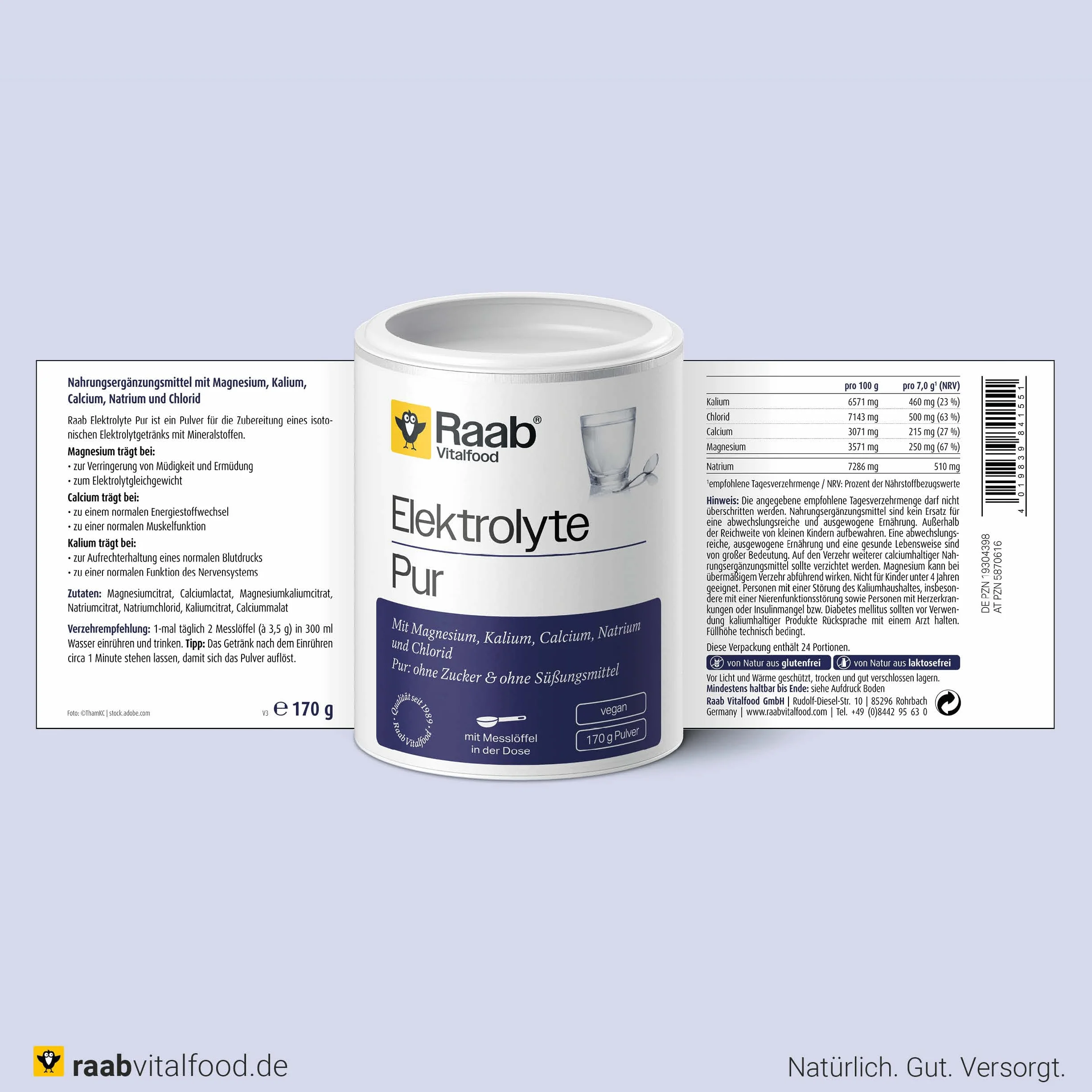 Raab Vitalfood Electrolitos Pur 170 g - Electrolitos sin azúcar, vegano, para deportistas, pérdida de líquidos, músculos, nervios