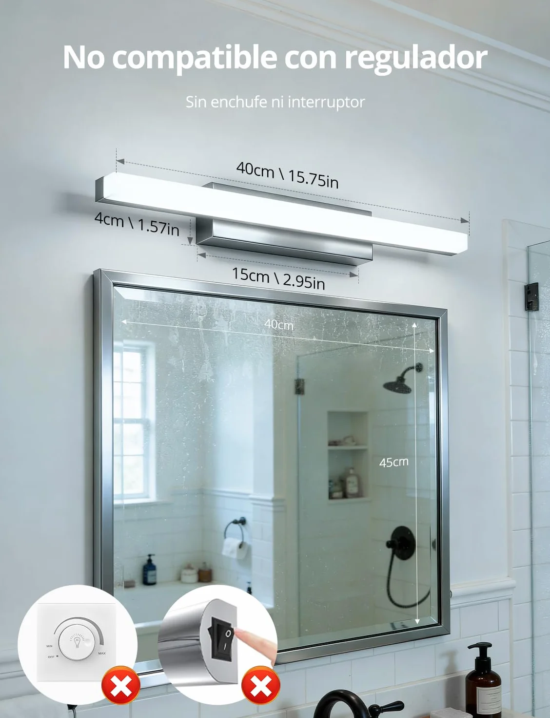 Yafido Aplique Espejo de Baño 40CM LED 9W Cromo IP44 6000K 230V Luz Maquillaje