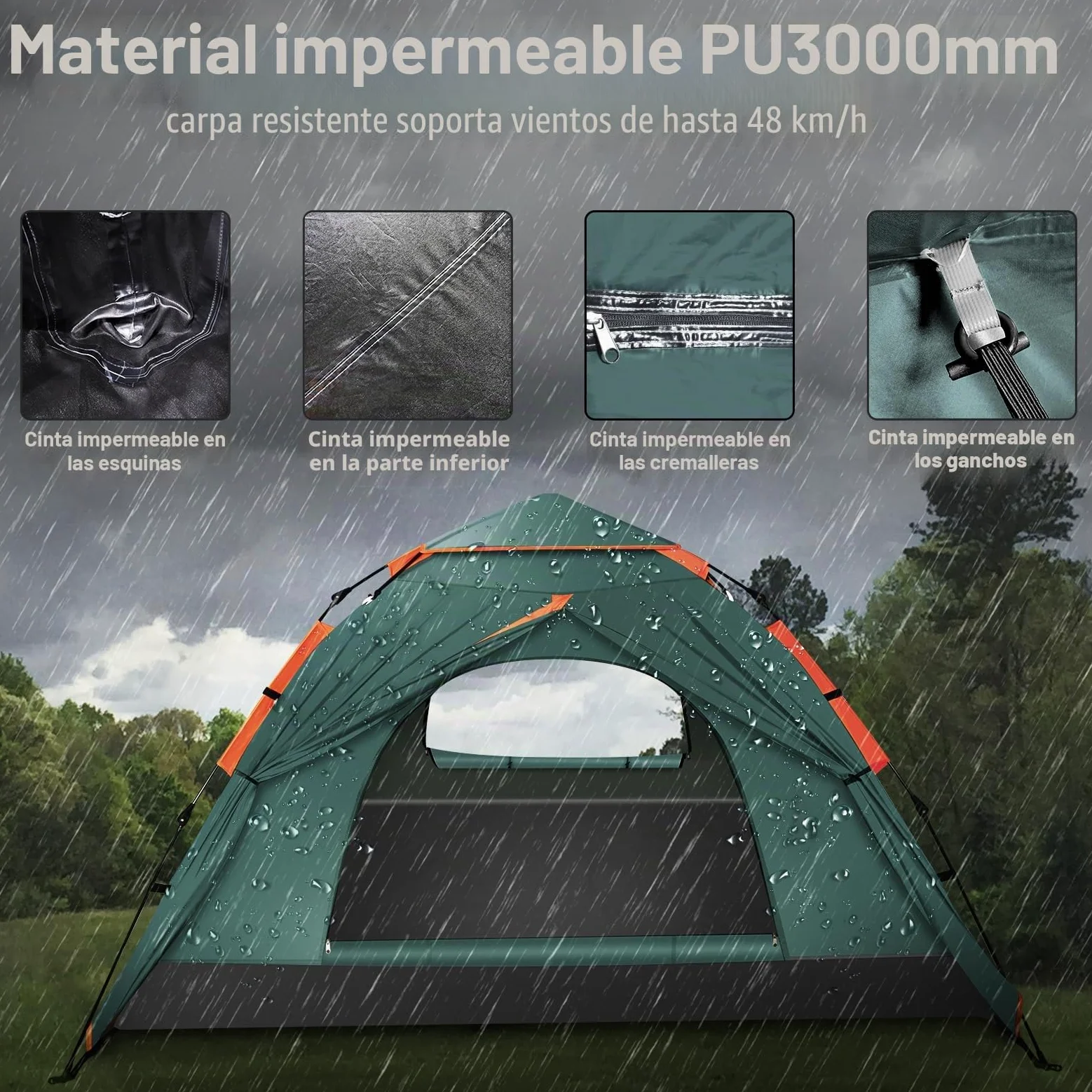 Cflity Tienda de Campaña, Tienda Pop Up para 3 Personas, Tres Capas Automáticas Instantáneas Impermeable Carpa con Expansión Alfombras Pequeñas 2 Poste de Carpa