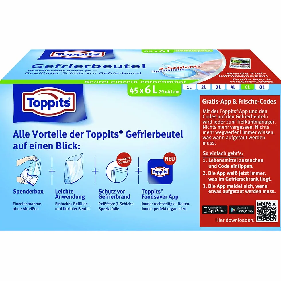 Toppits Bolsas para congelador 6L 45 unidades con soporte transparente