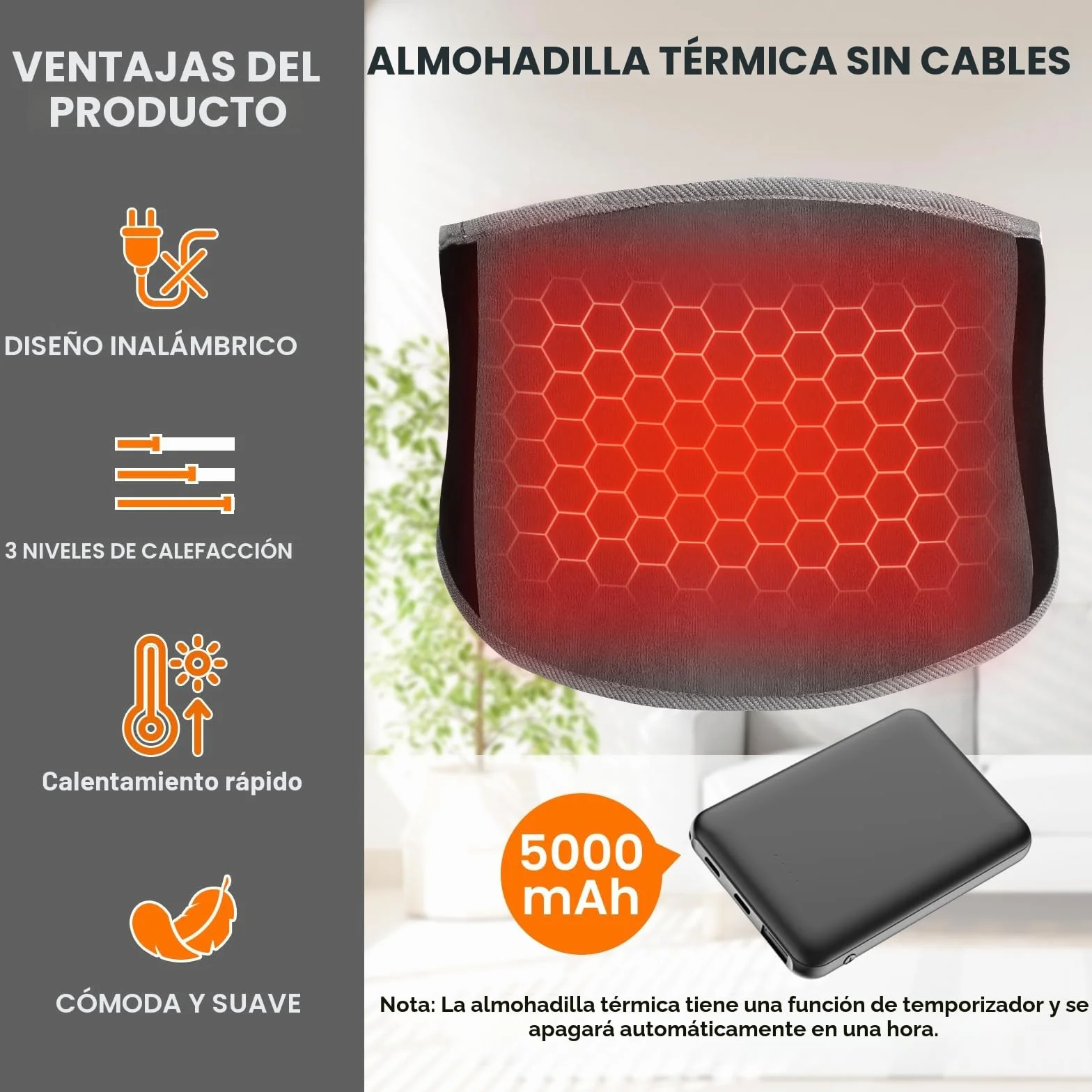 Manta Electrica Lumbar, Almohadilla Eléctrica con Batería de 5000mAh & 3 Niveles de Temperatura, Esterilla Eérmica Electrica con Apagado Automático para Espalda, Cuello, Hombros y Vientre