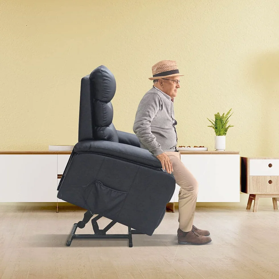 Gridinlux Sillón Relax Masaje Extra Acolchado Negro Reclinable Elevación automática Mando 5 Modos Calor Lumbar 8 Motores 4 Zonas Polipiel