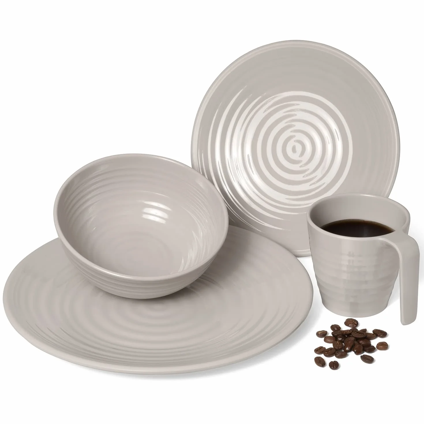 Juego de vajilla de melamina para camping para 4 personas, diseño de café, 16 piezas + copas Milano, copas de champán, platos, picnic, barbacoa