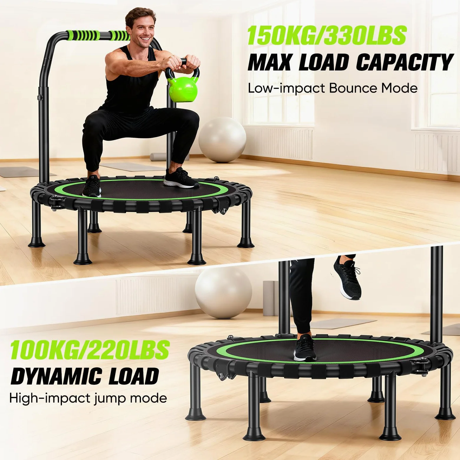 Trampolín de 101 cm de diámetro, plegable para fitness, capacidad de carga de 150 kg, altura de pasamanos ajustable, entrenamiento de resistencia, diferentes grupos de personas