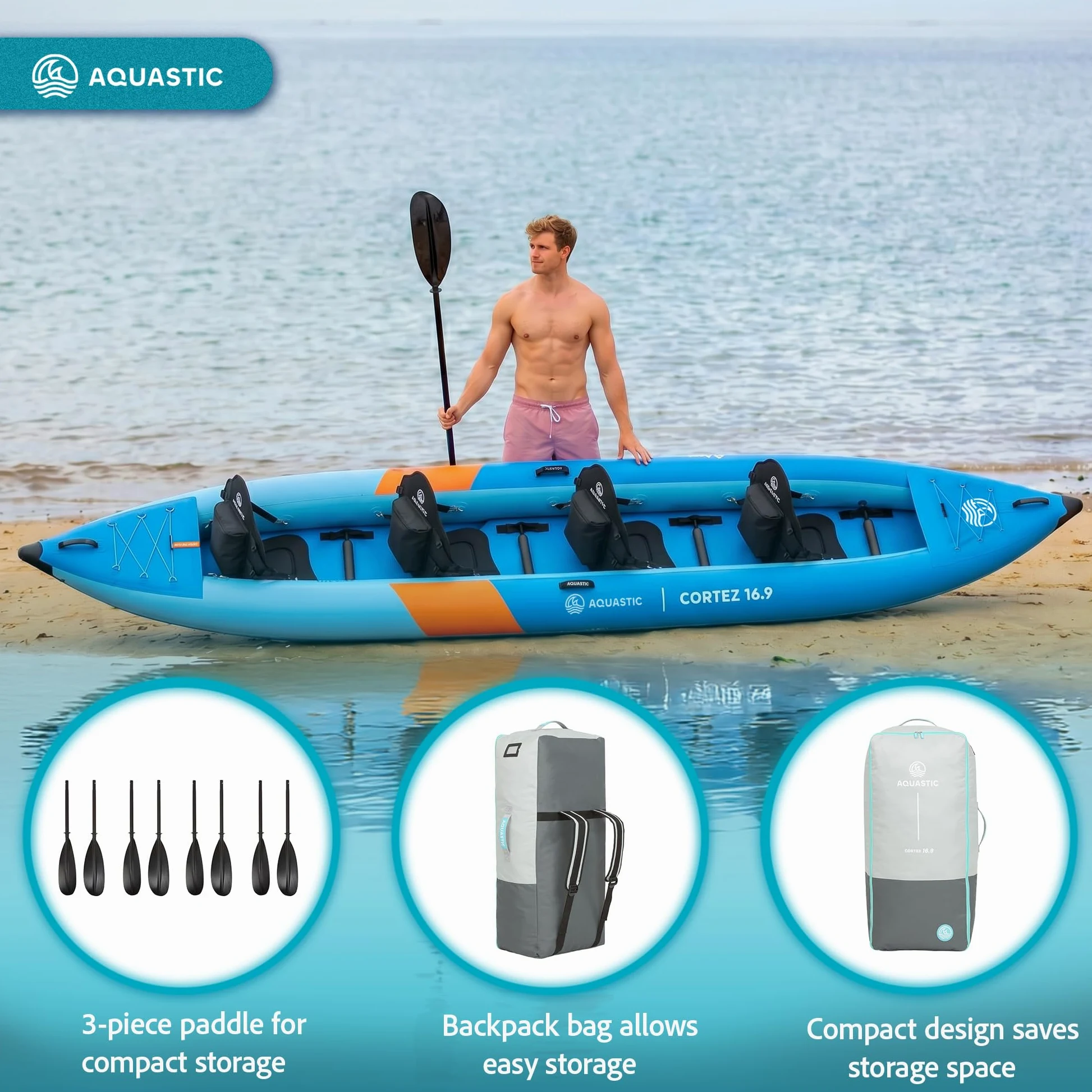 AQUASTIC Cortez 16'9 - Kayak hinchable híbrido para 4 personas de hasta 340 kg